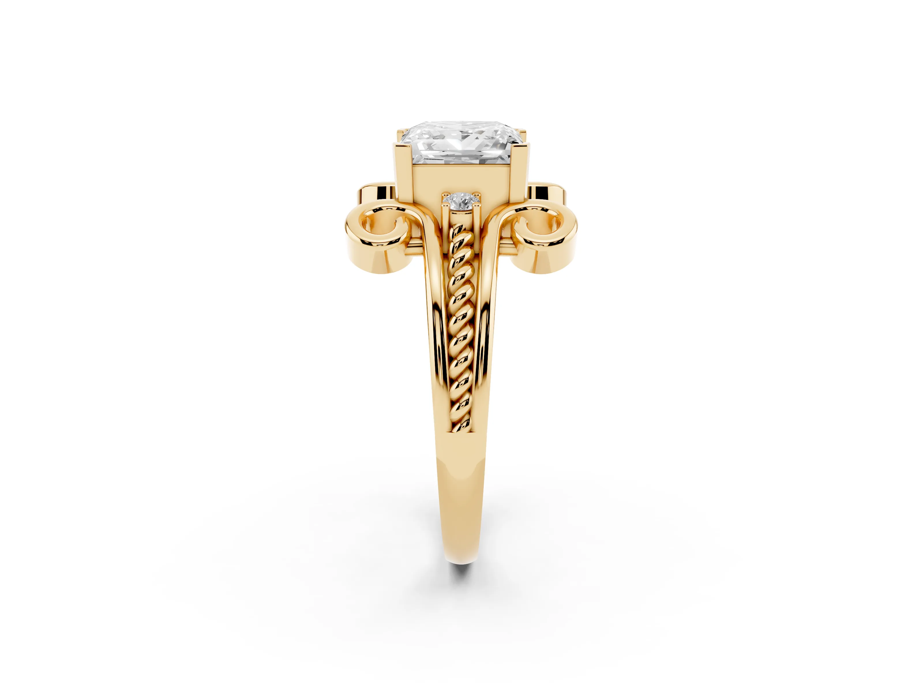 Princess Cut Diamond Twisted Band Solitaire Ring Set in Yellow gold with Scroll Prongs