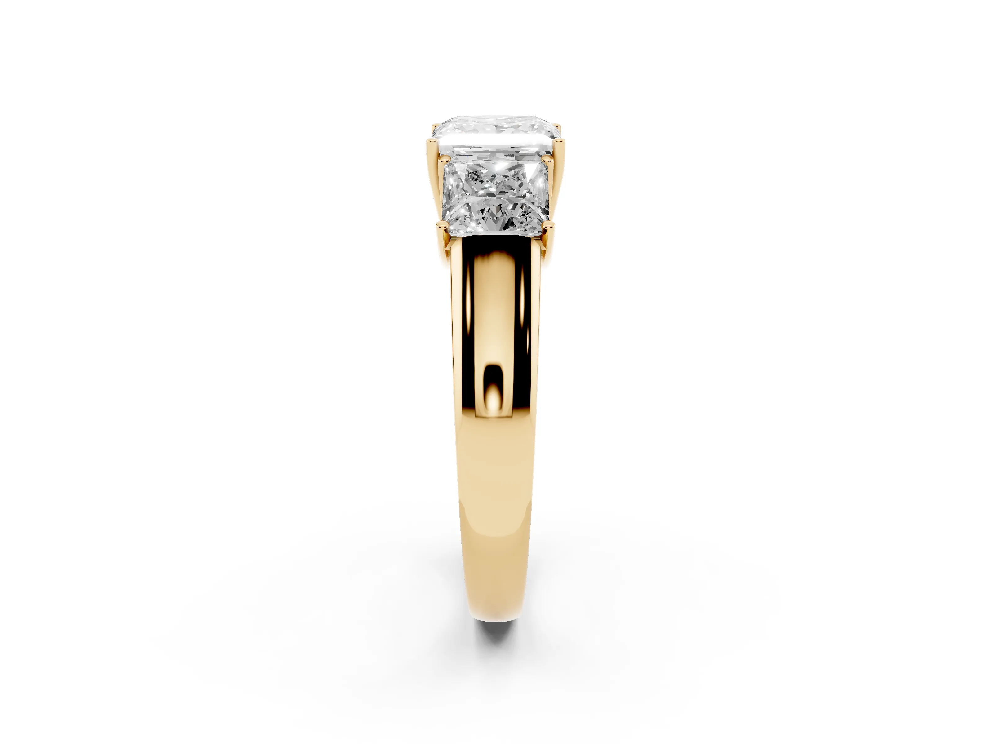 Three-Stone Princess Cut Diamond Ring Set in Yellow gold with Matching Prong Settings and Plain Band