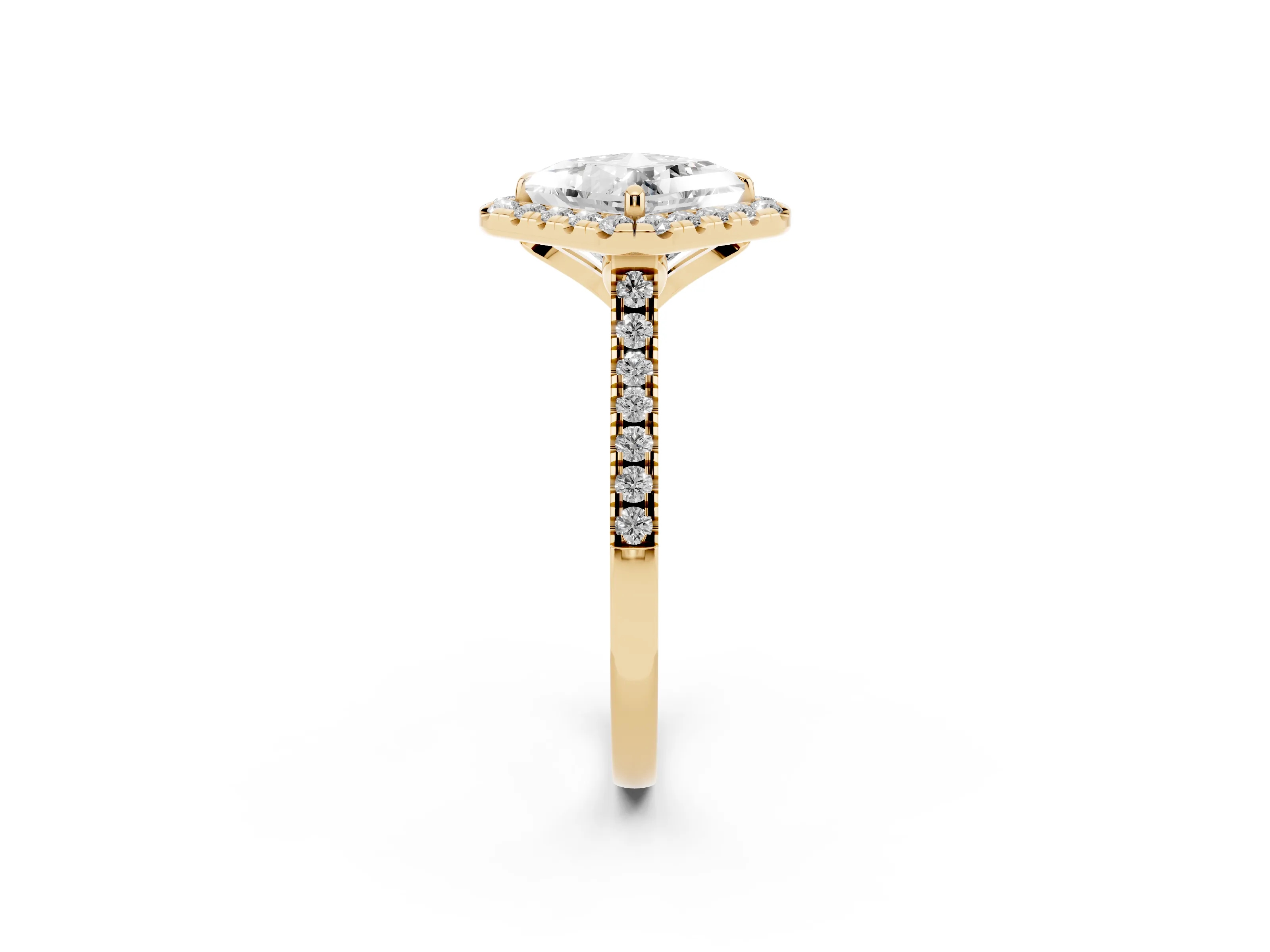 Princess Cut Diamond Cushion Halo Ring Set in Yellow gold with Pavé Band