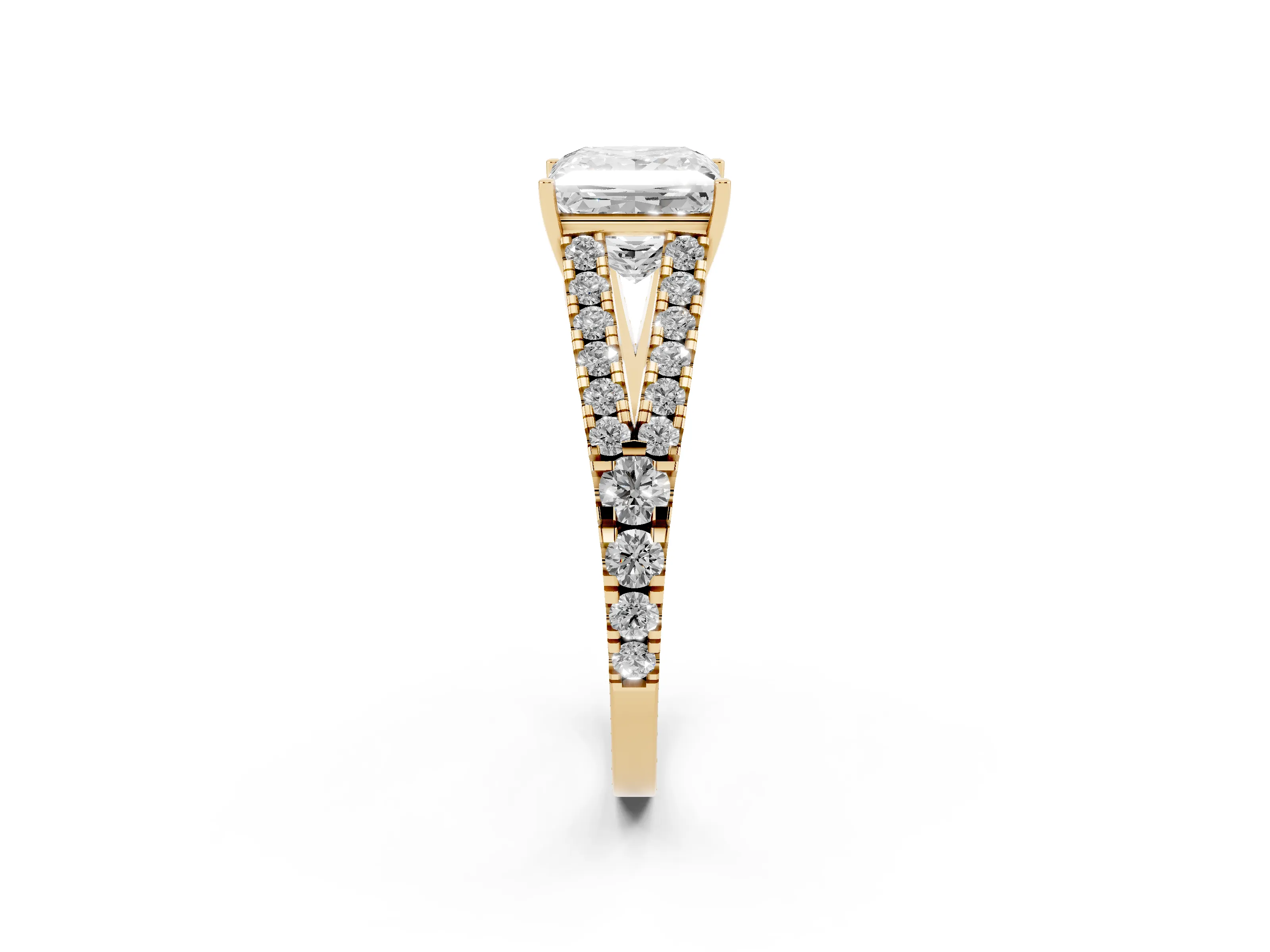 Princess Cut Diamond Split Shank Pavé Engagement Ring Set in Yellow gold with Prong-Held Center Stone