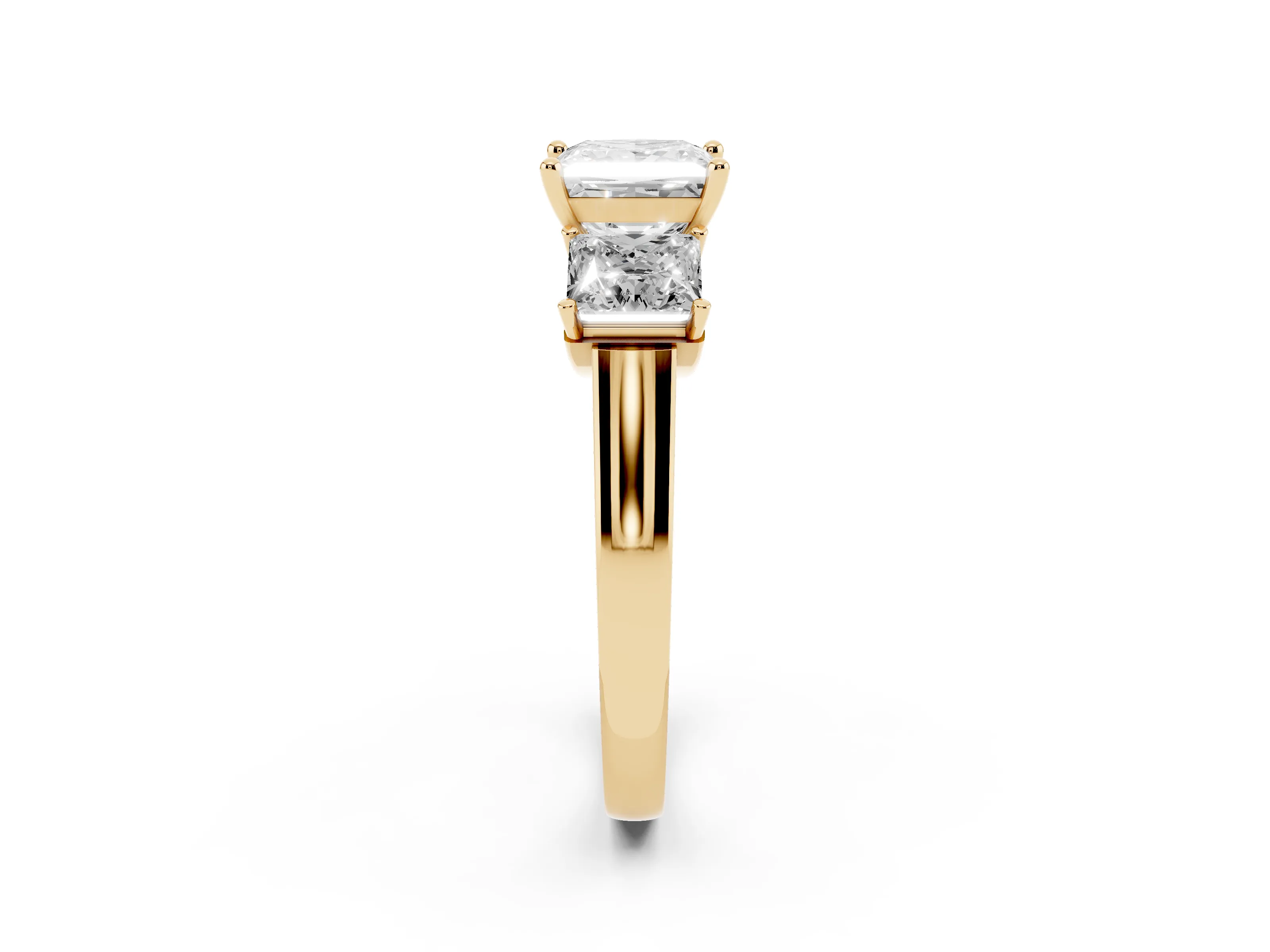 Princess Cut Diamond Three-Stone Trellis Ring Set in Yellow gold with Comfort Fit Band