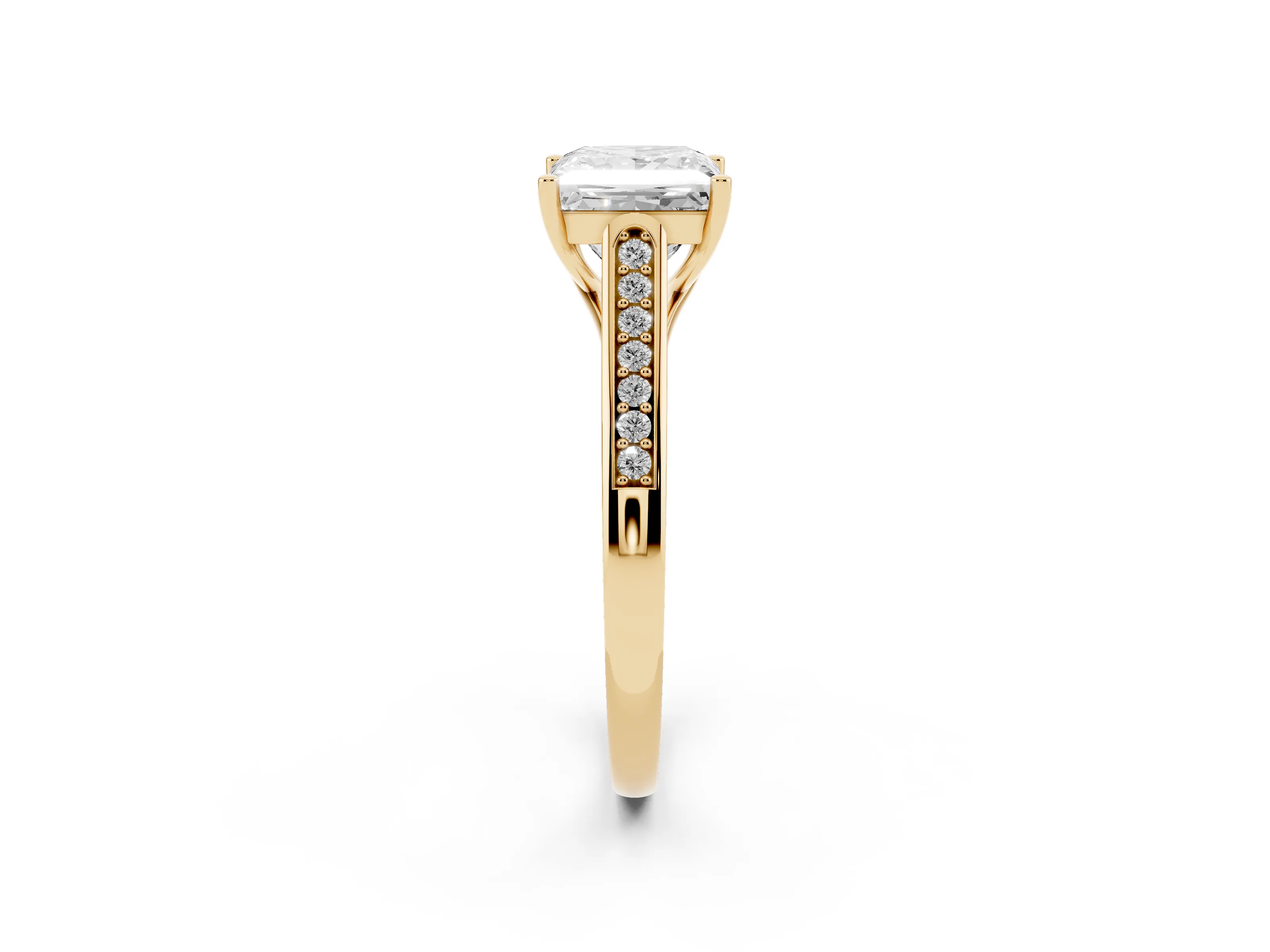 Princess Cut Diamond Solitaire Cathedral Engagement Ring Set in Yellow gold with Channel-Set Band and Prong Setting