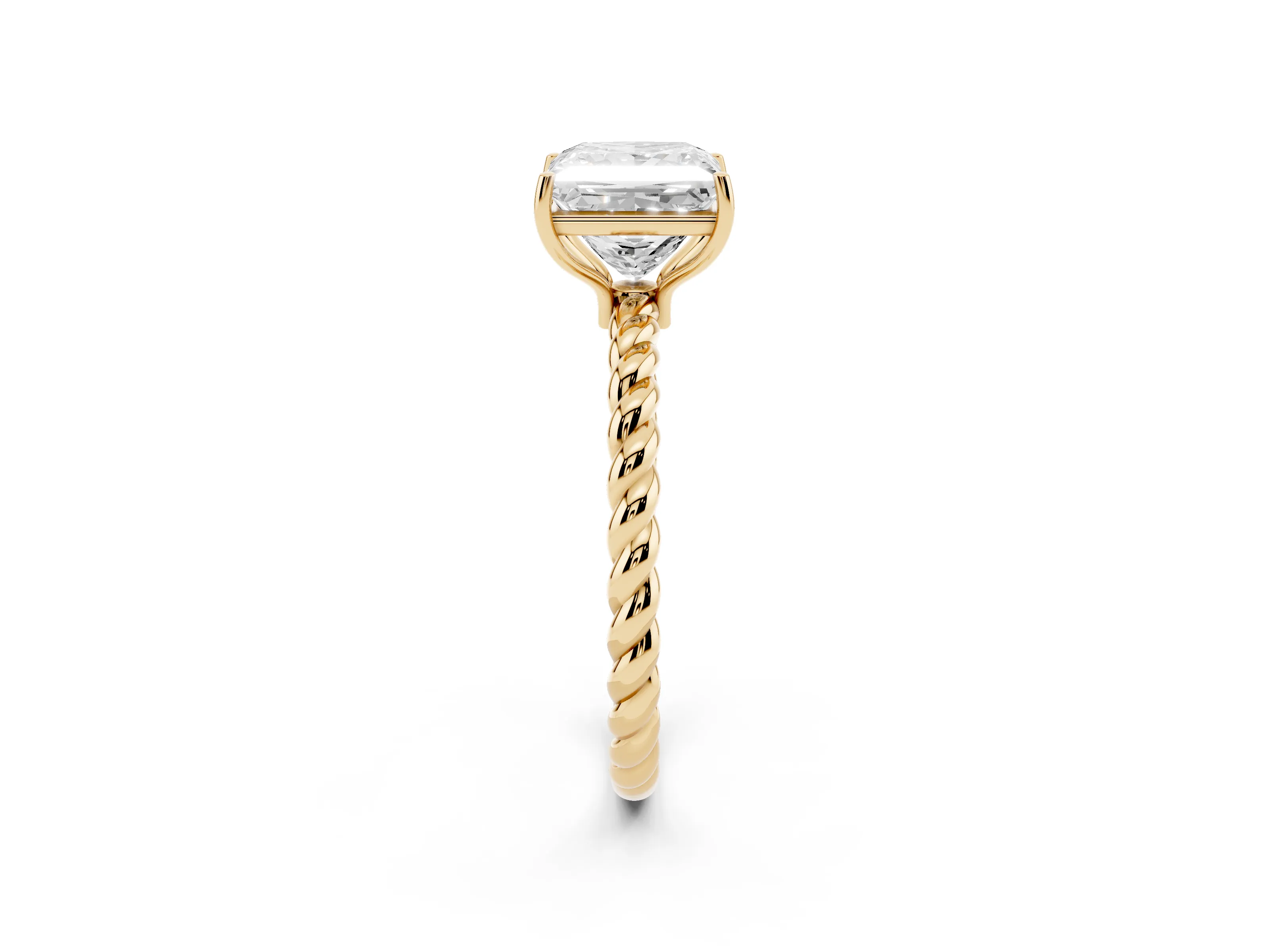Princess Cut Diamond Solitaire Ring Set in Yellow gold with Twist Band and Prong Setting