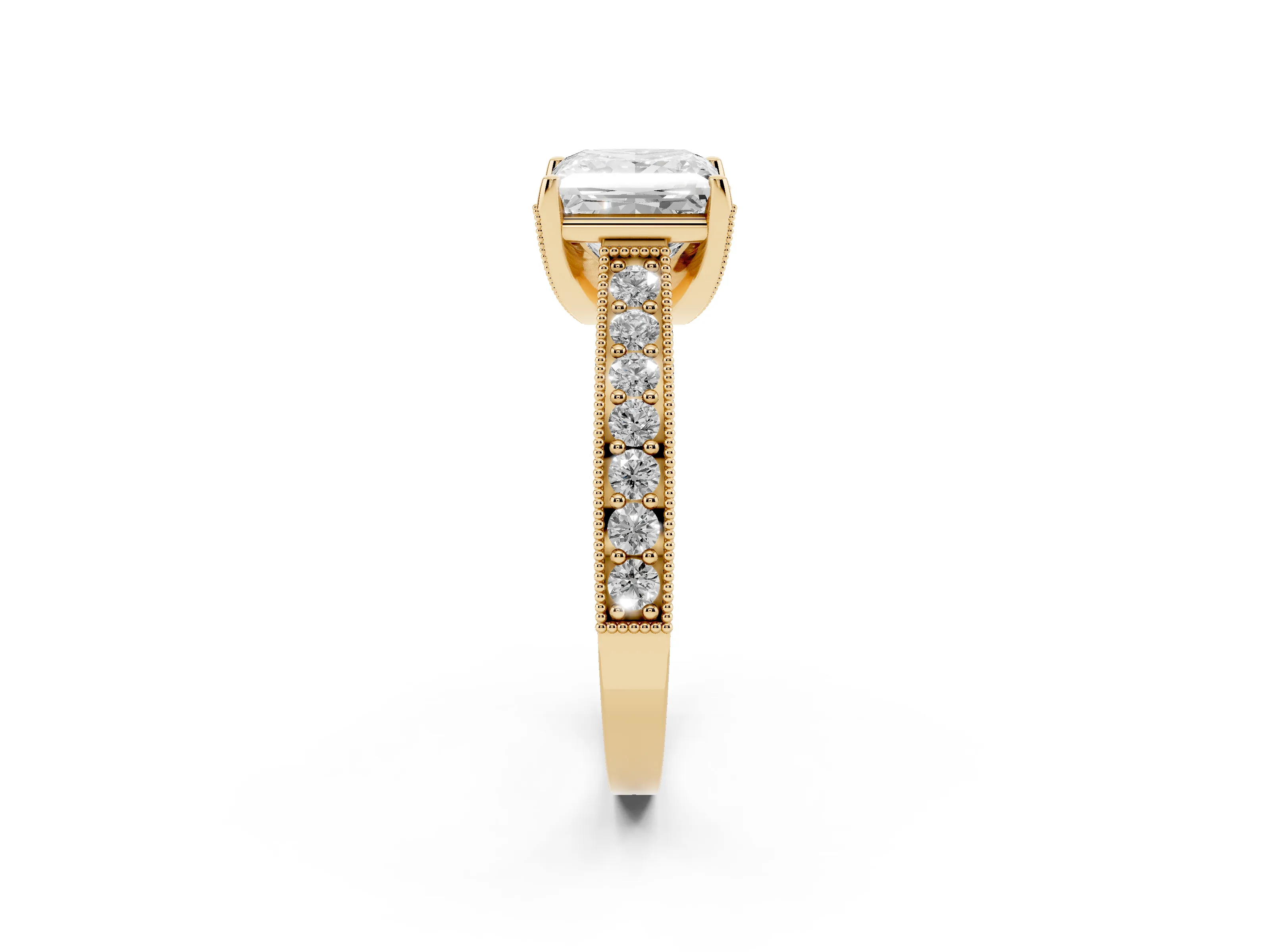 Princess Cut Diamond Solitaire Ring Set in Yellow gold with Milgrain-Edged Pavé Band and Prong Setting