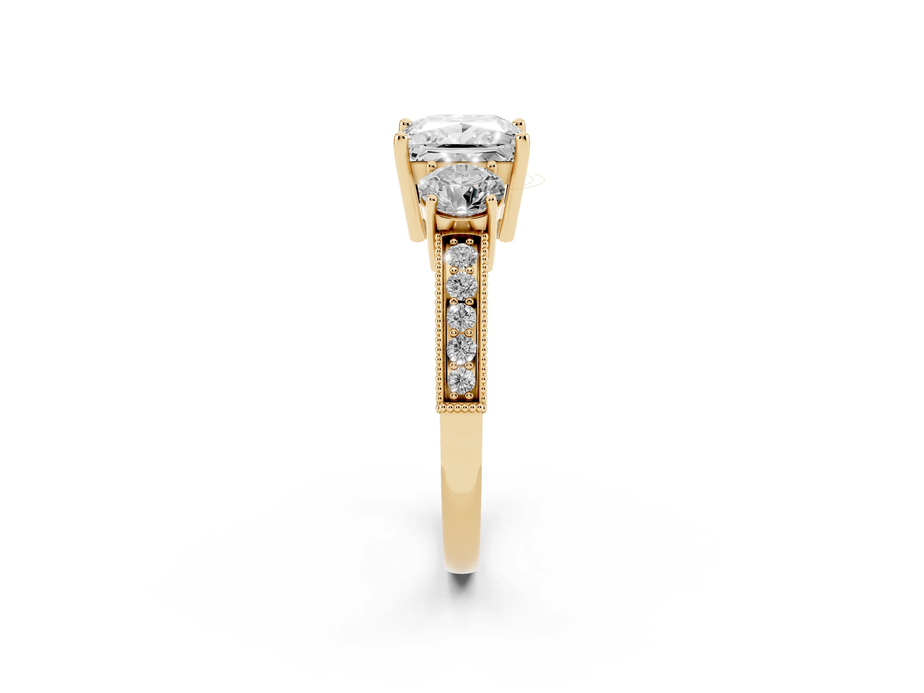 Princess Cut Diamond Three-Stone Ring Set in Yellow gold with Round Side Stones and Pavé Band