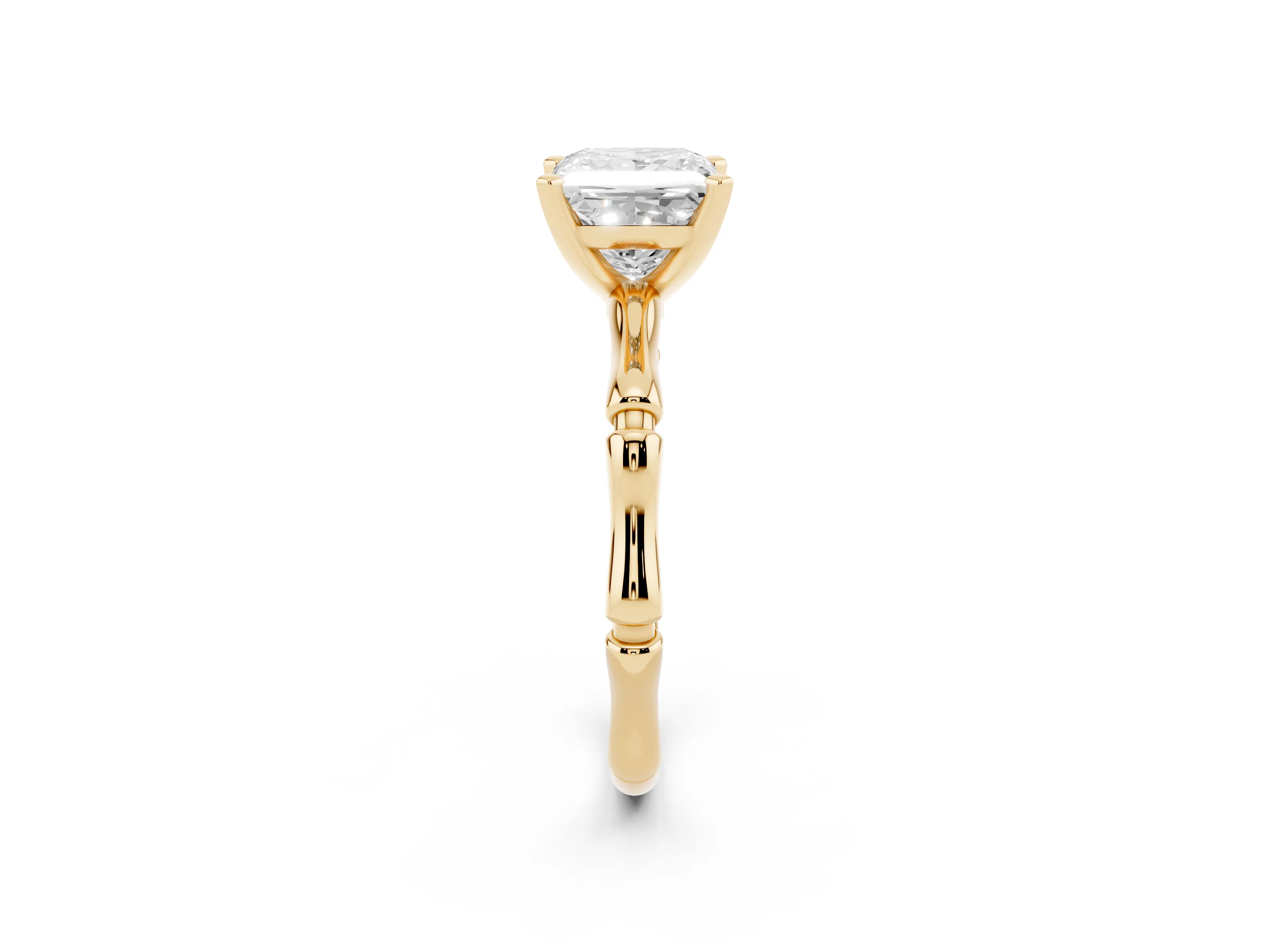 Princess Cut Diamond Solitaire Ring Set in Yellow gold with Bamboo Band and Prong Setting
