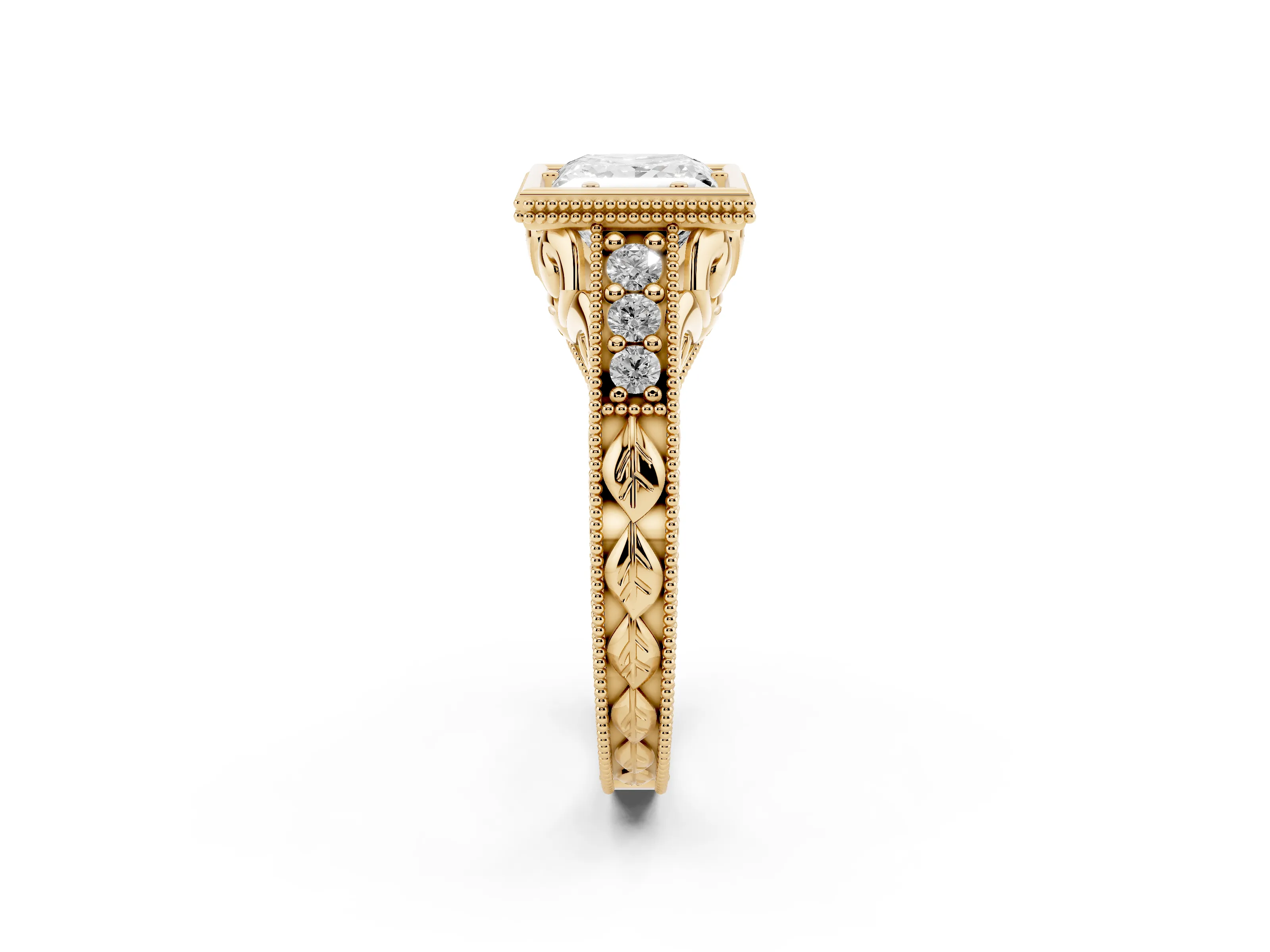 Bezel Set Princess Cut Diamond Milgrain Pavé Engagement Ring Set in Yellow gold