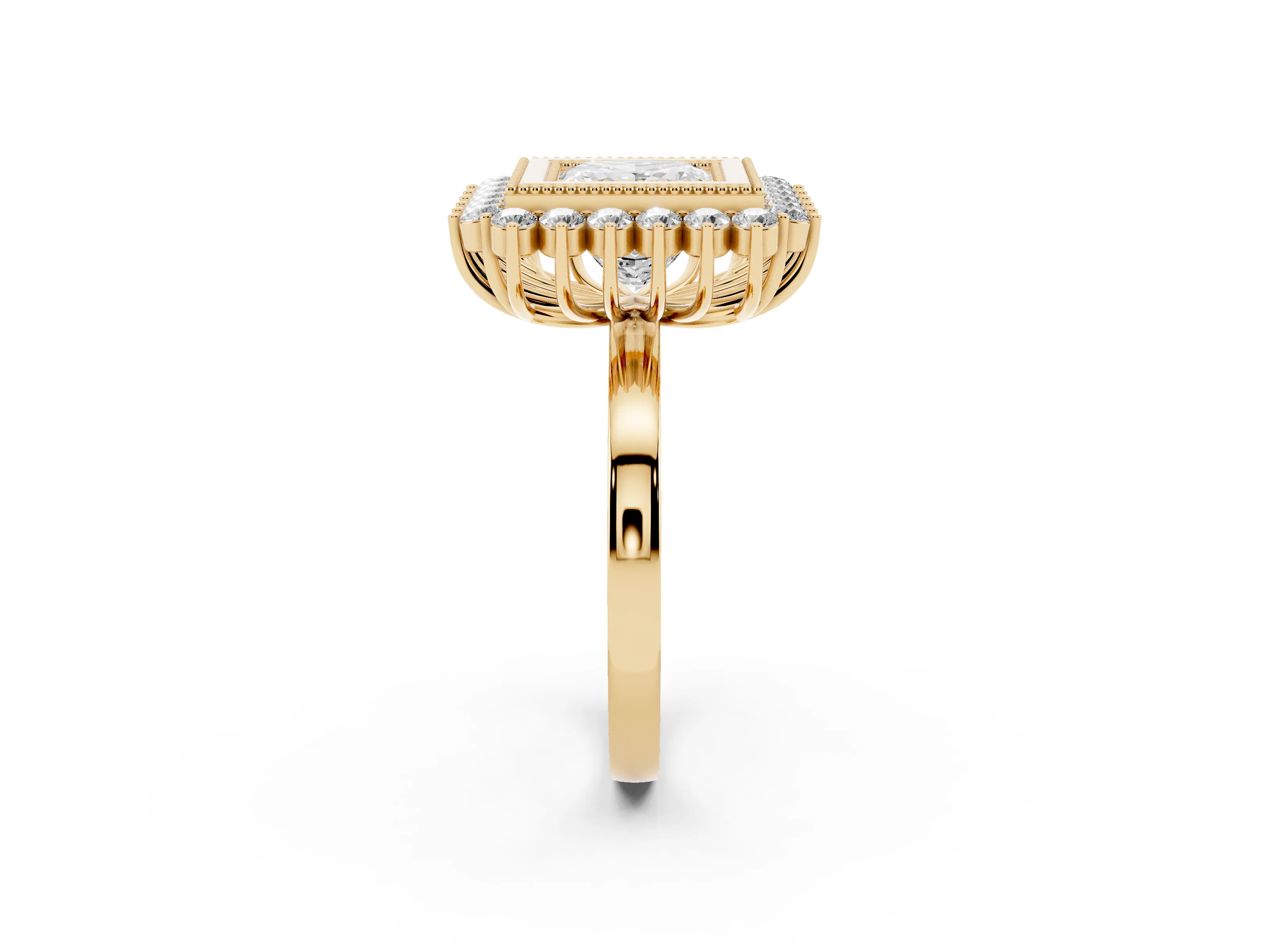 Princess Cut Diamond Halo Ring Set in Yellow gold with Milgrain Edge and Round Prong Setting