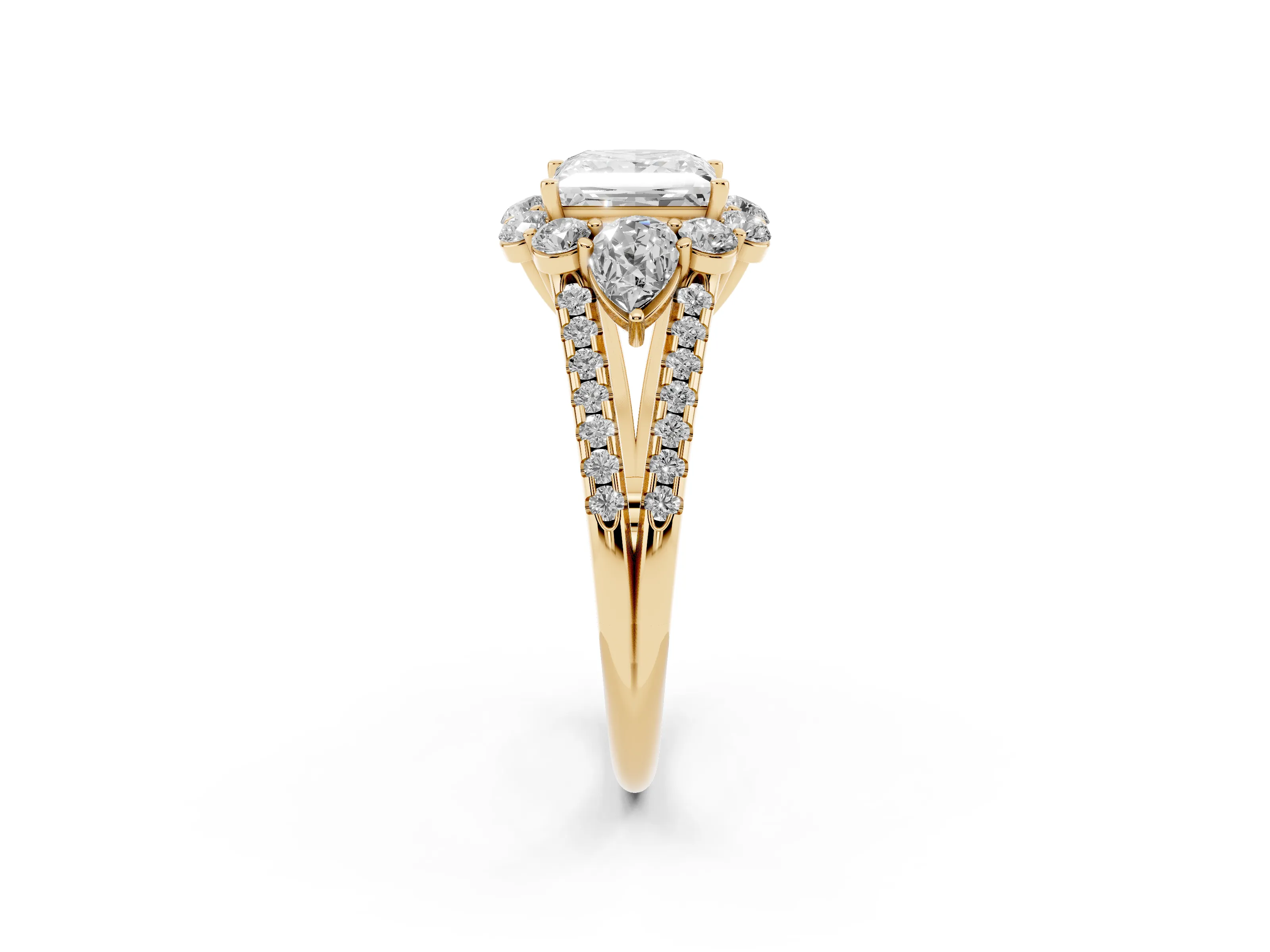 Princess Cut Diamond Halo Split Shank Engagement Ring Set in Yellow gold with Prong-Held Center Stone