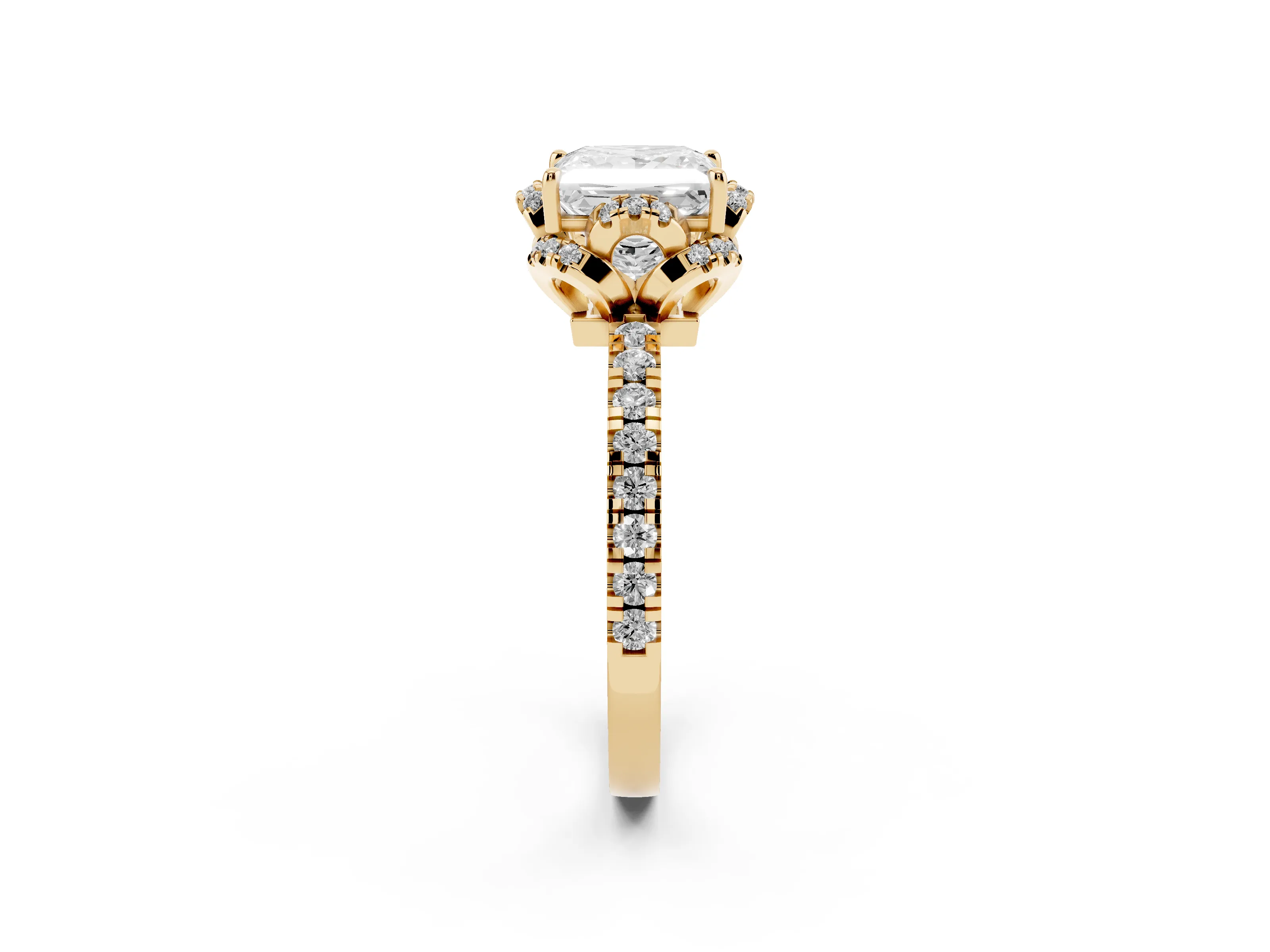 Princess Cut Diamond Halo Pavé Band Ring Set in Yellow gold with Prong-Held Center