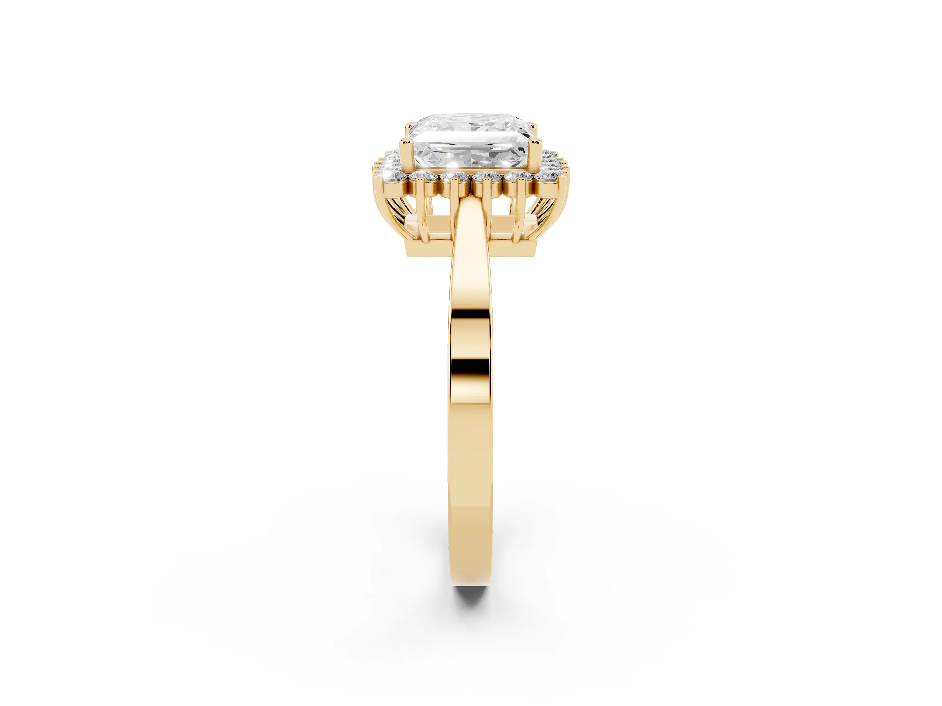Princess Cut Diamond Halo Ring Set in Yellow gold with Round Halo and Smooth Solitaire Band