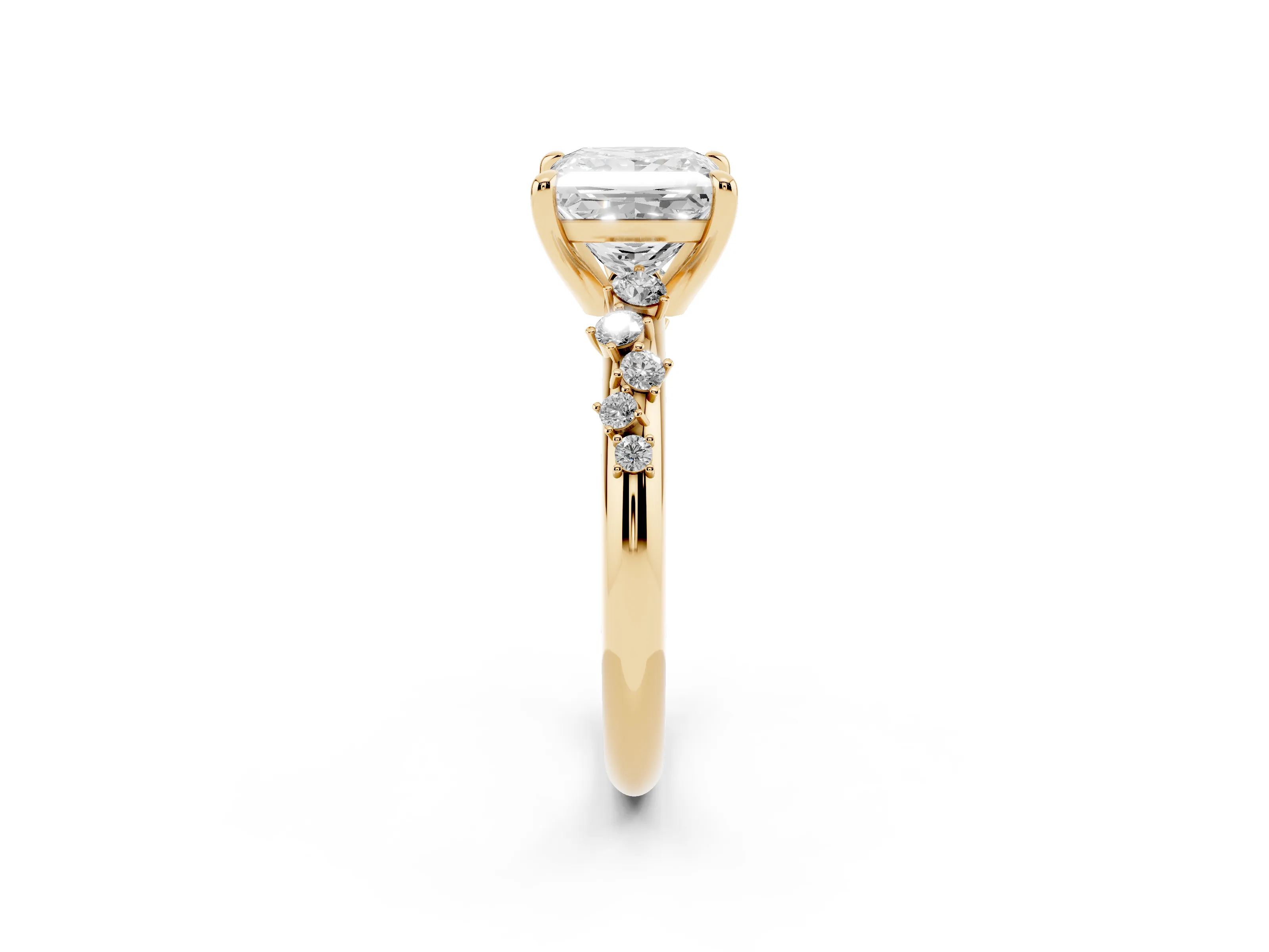 Princess Cut Diamond Solitaire Vine Band Ring Set in Yellow gold with Round Accents and Prong Setting