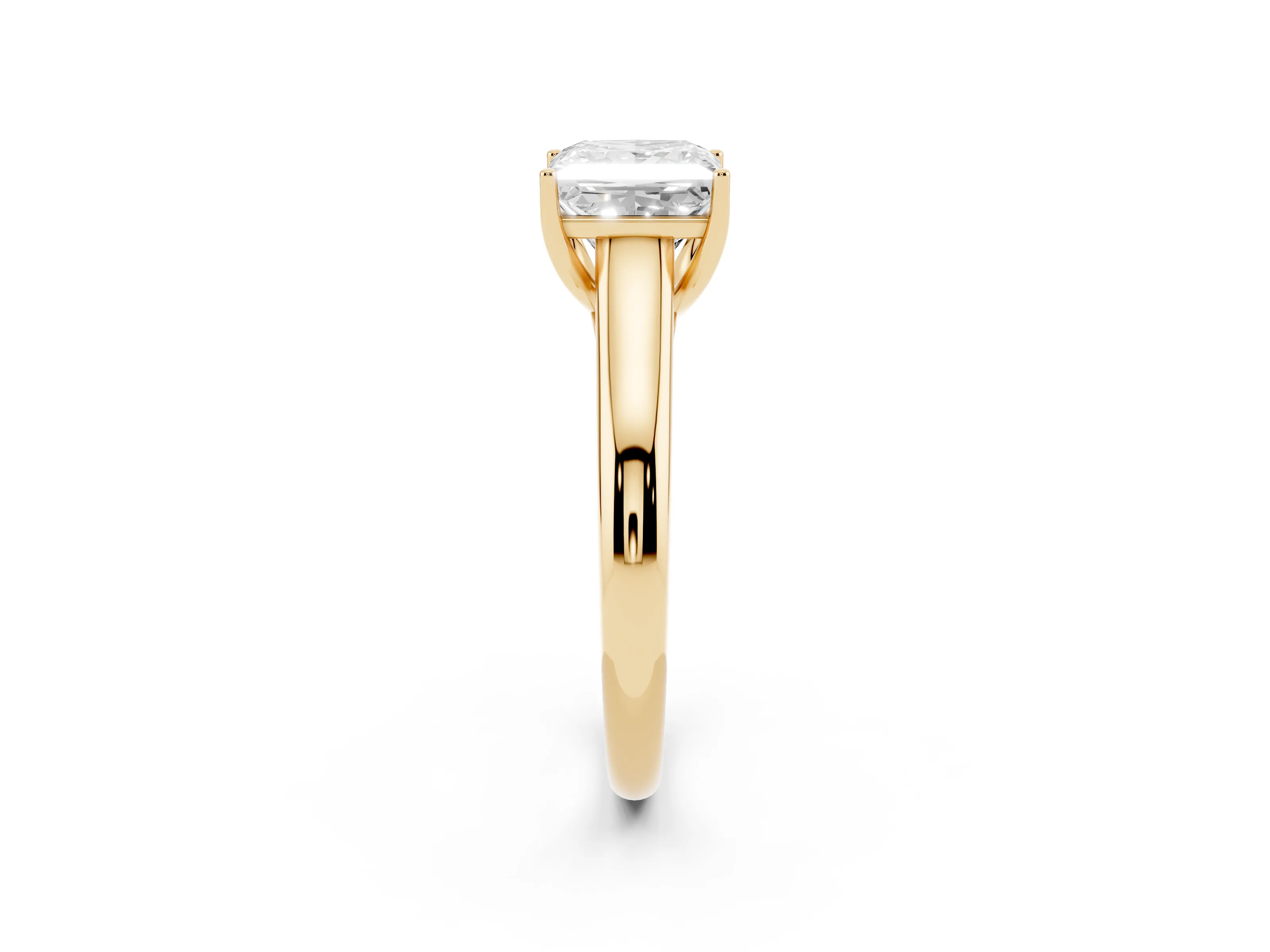 Princess Cut Diamond Solitaire Engagement Ring Set in Yellow gold with Subtly Tapered Band and Prong Setting