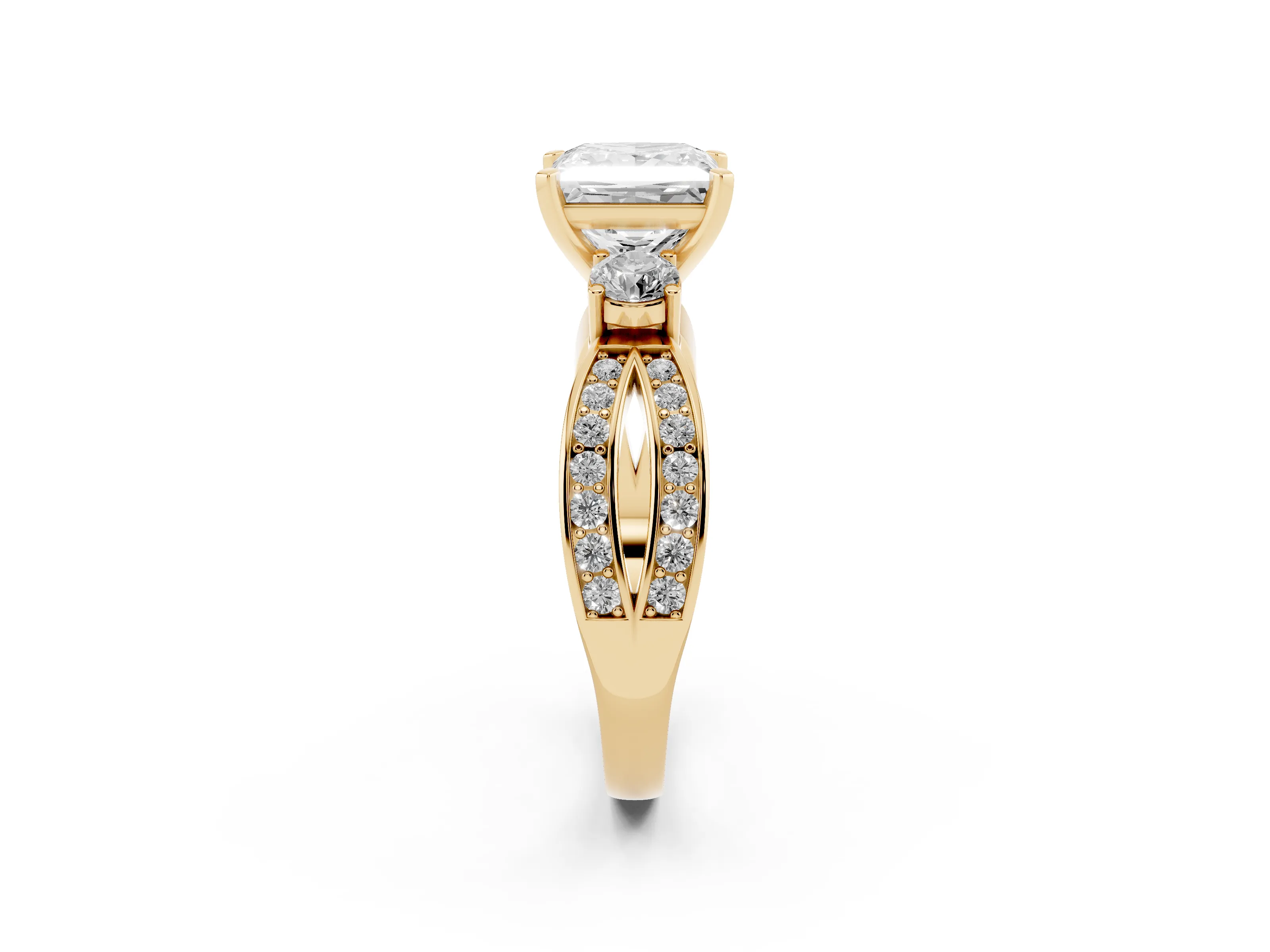 Three-Stone Princess Cut Diamond Twist Band Ring Set in Yellow gold with Pavé Accents and Prong Setting