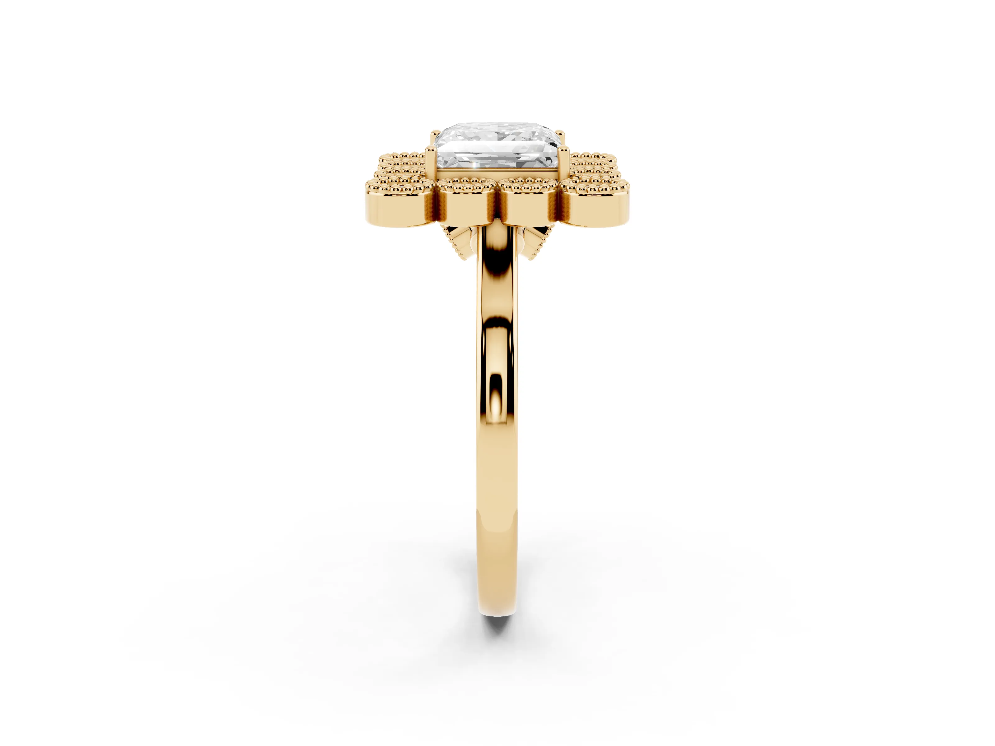 Princess Cut Diamond Cluster Halo Ring Set in Yellow gold with Milgrain Bezel Accents and Plain Band