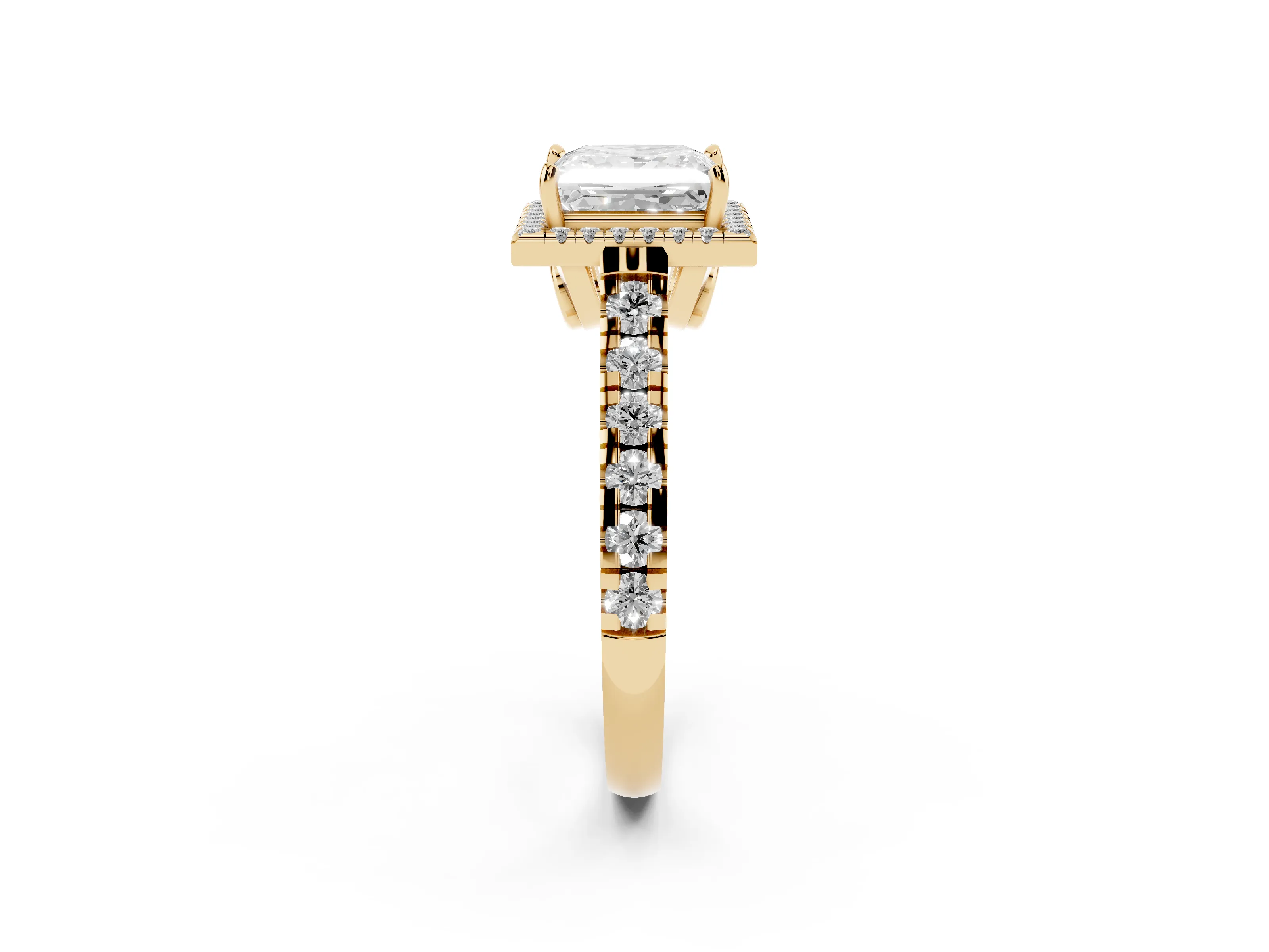 Princess Cut Diamond Halo Engagement Ring Set in Yellow gold with Pavé Band and Prong-Set Center