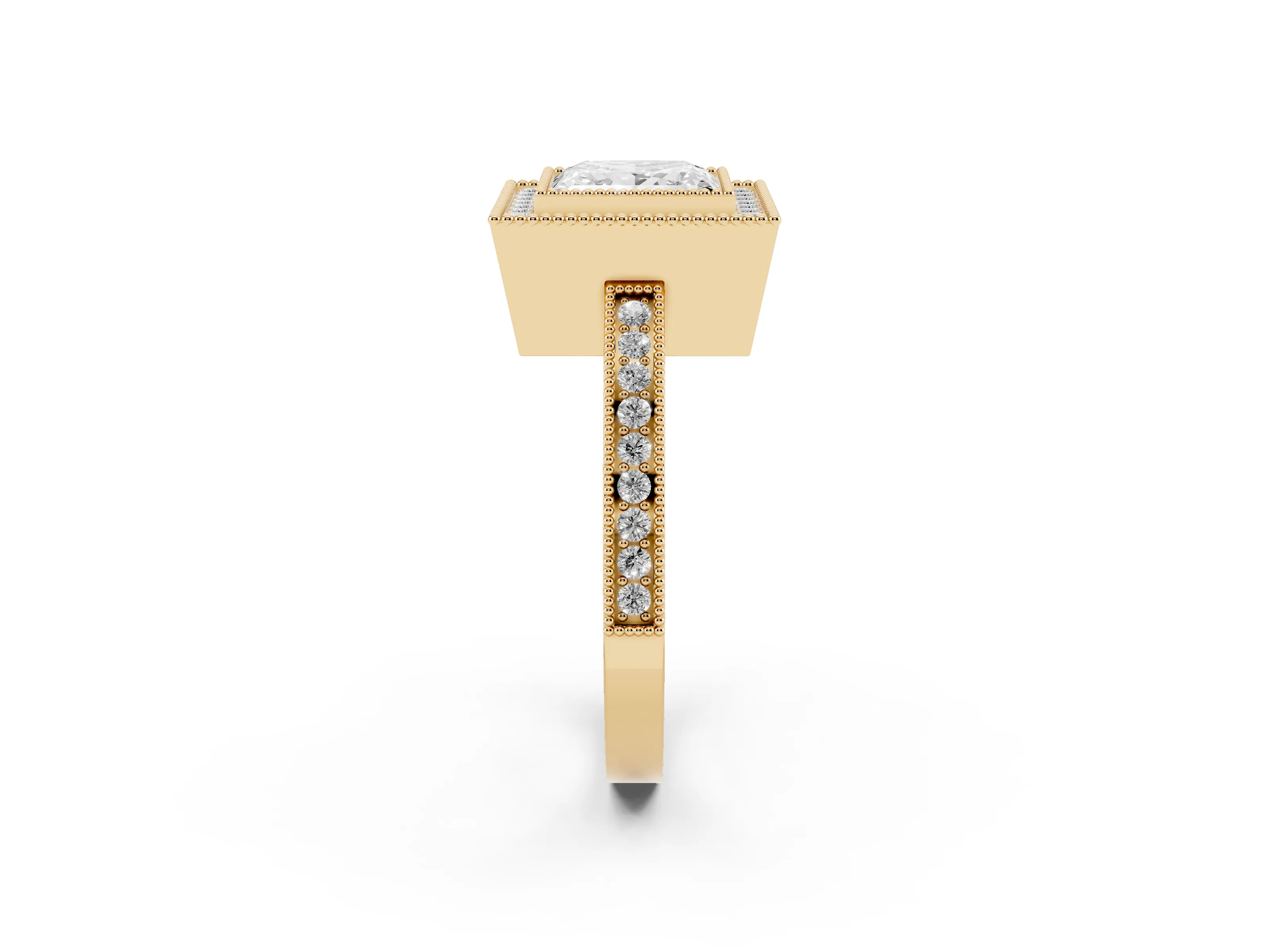 Princess Cut Diamond Halo Ring Set in Yellow gold with Pavé Band and Milgrain-Edged Prongs