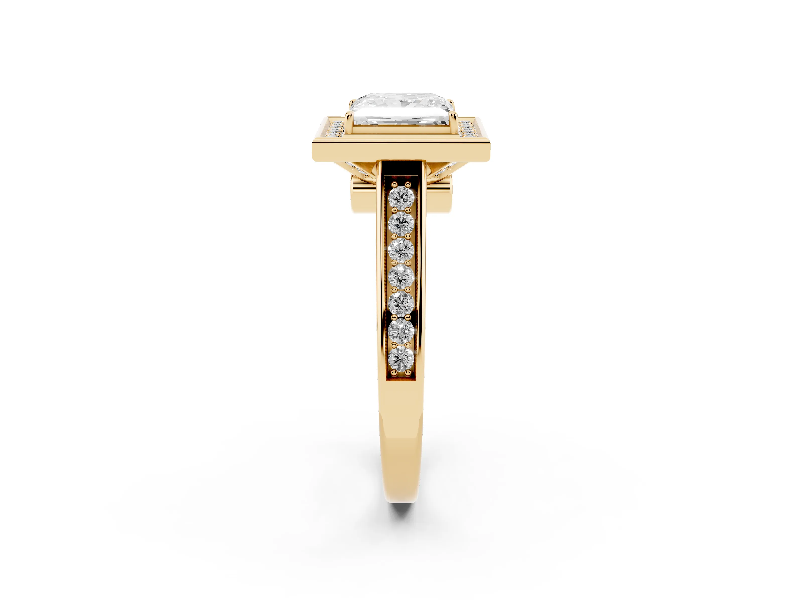 Princess Cut Diamond Halo Solitaire Ring Set in Yellow gold with Pavé Band and Bezel Setting