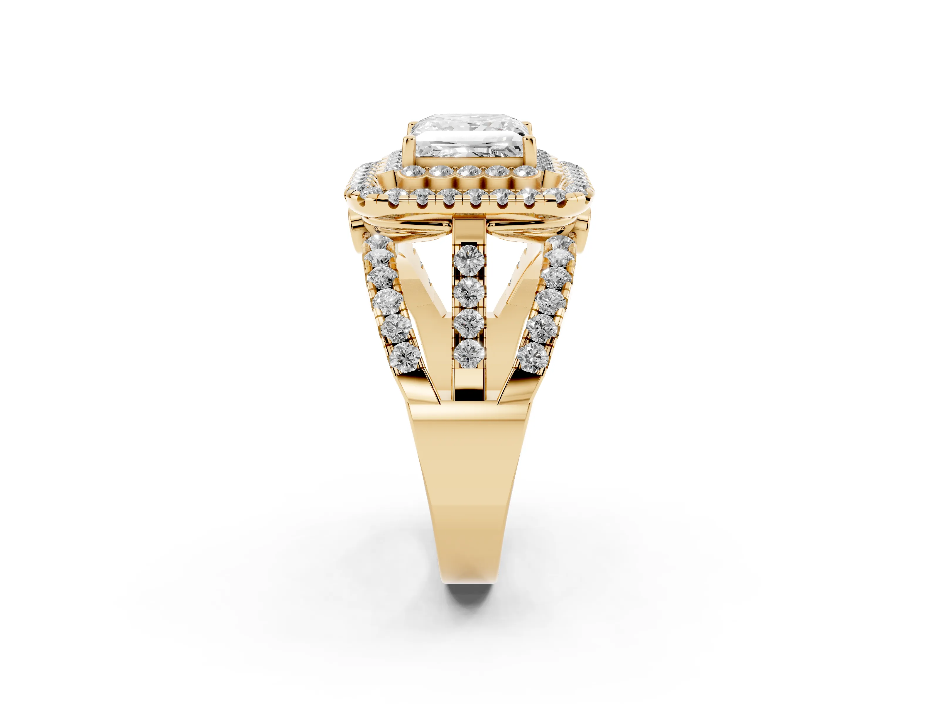 Princess Cut Diamond Double Halo Ring Set in Yellow gold with Round Pavé Split Shank