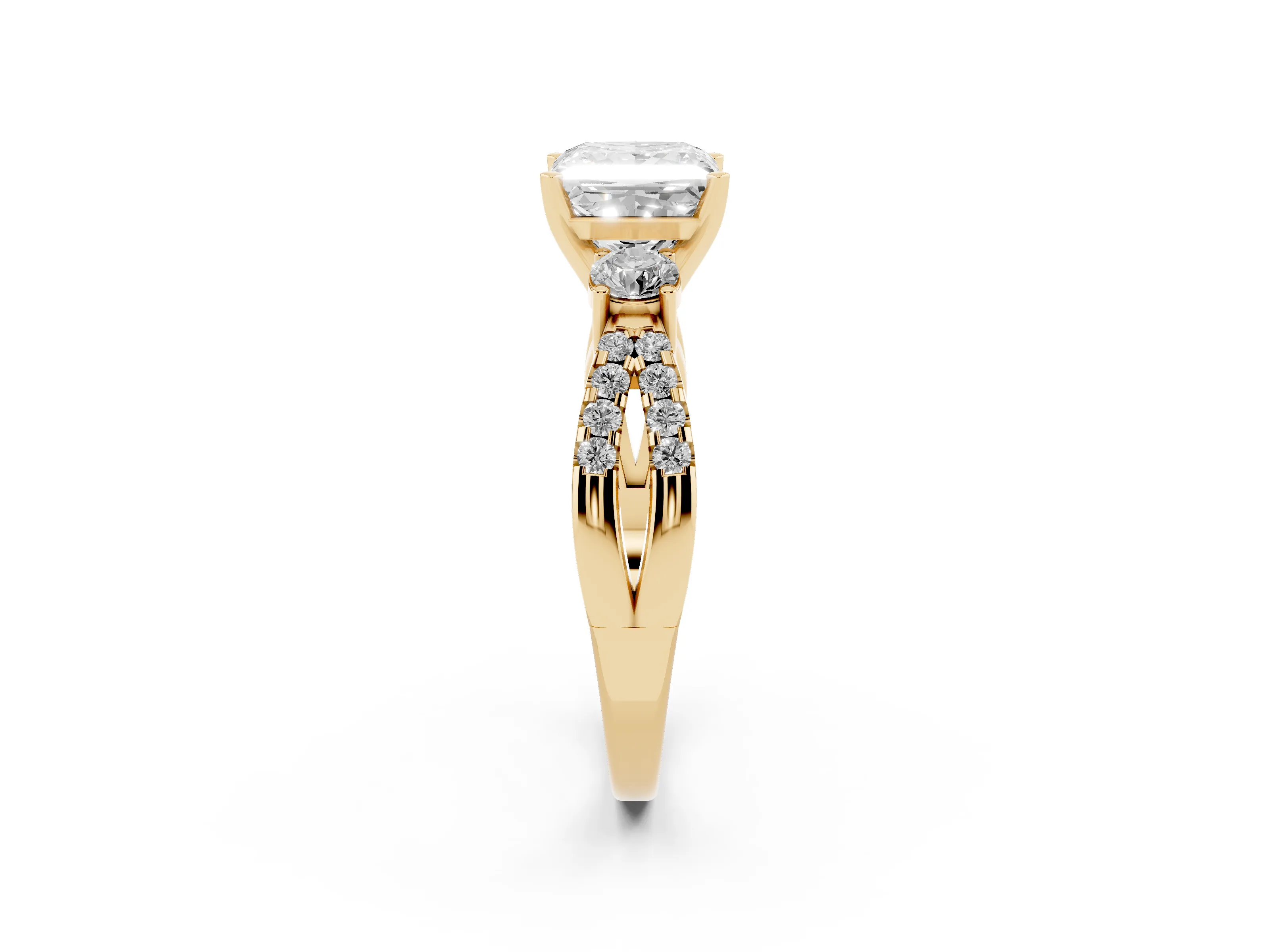 Princess Cut Diamond Three-Stone Ring Set in Yellow gold with Pavé Split Shank and Prong Setting