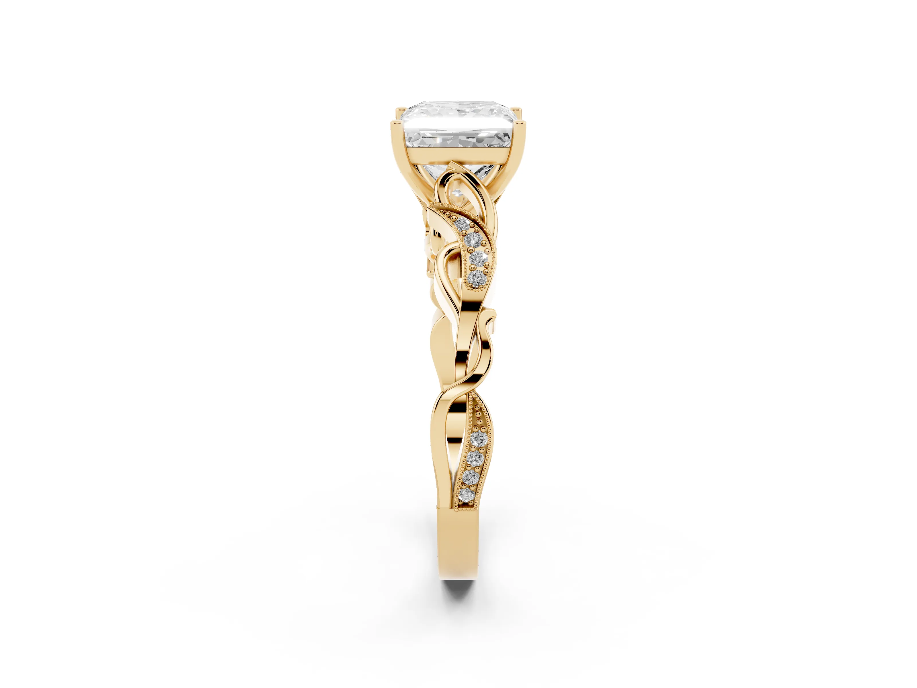 Princess Cut Diamond Vine Band Solitaire Ring Set in Yellow gold with Milgrain Prong Setting