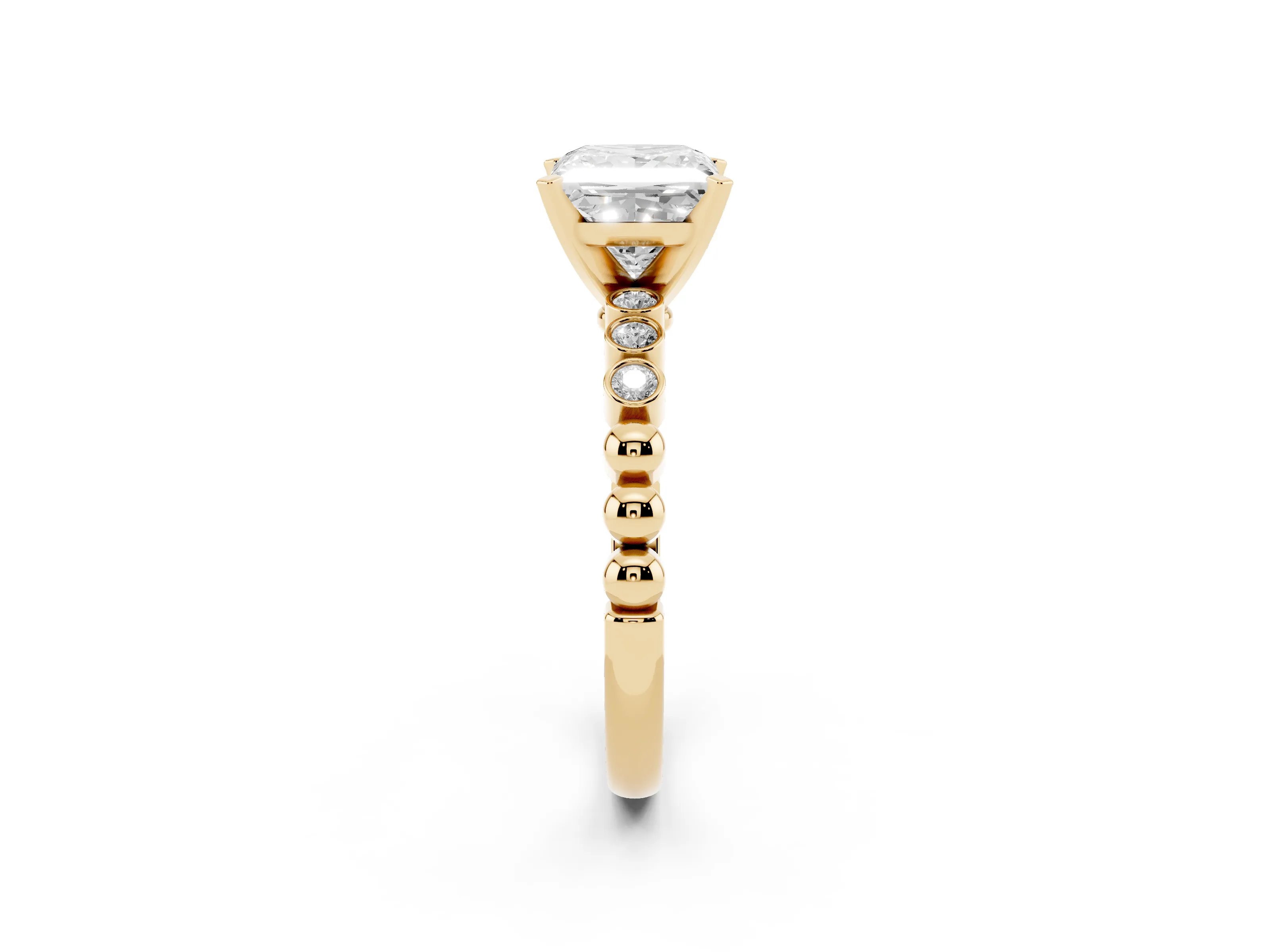 Princess Cut Diamond Solitaire Engagement Ring Set in Yellow gold with Bezel Accents on Beaded Band