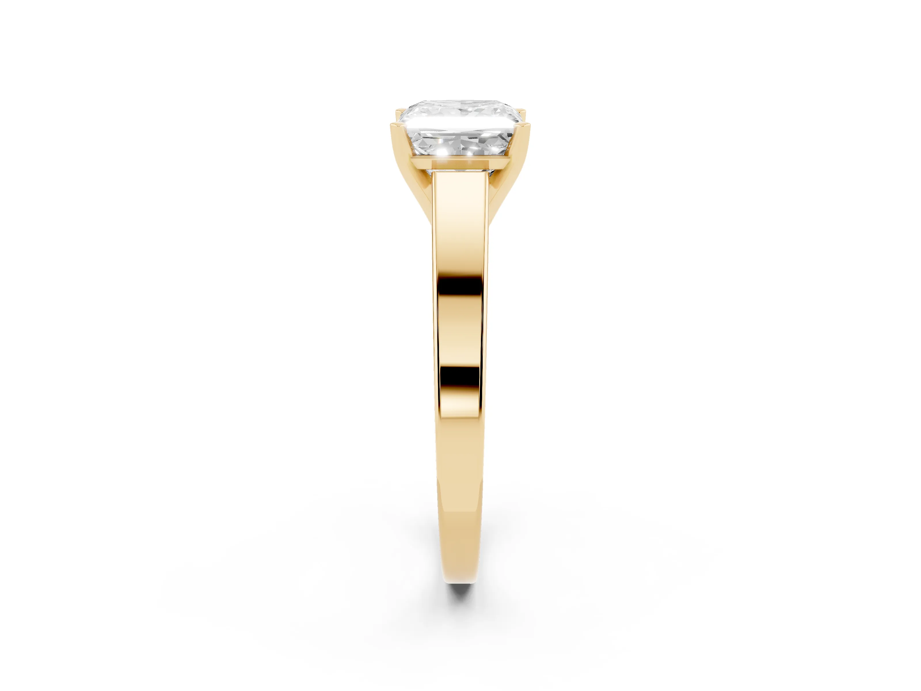 Princess Cut Diamond Solitaire Engagement Ring Set in Yellow gold with Prong Setting and Tapered Band