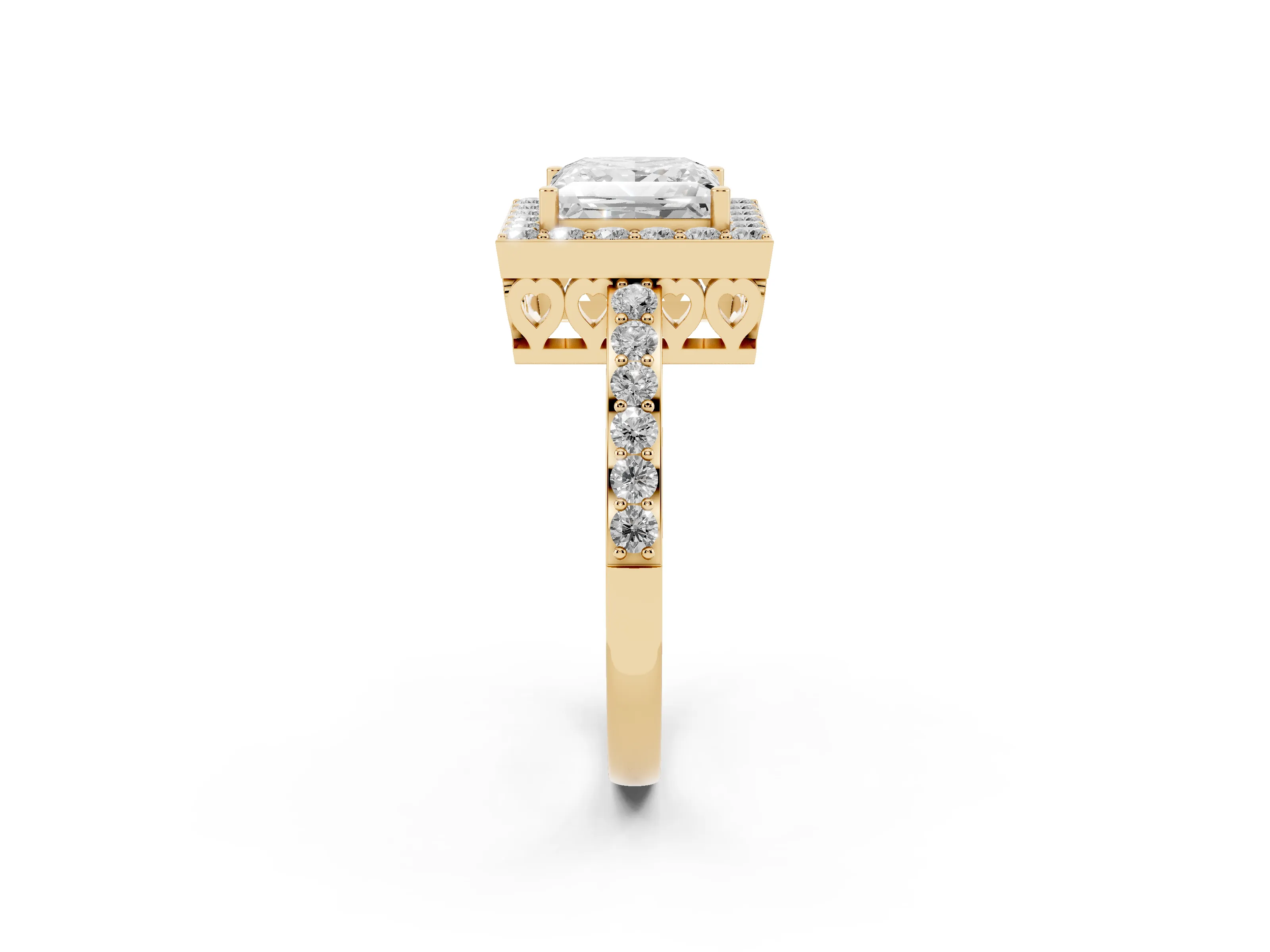 Princess Cut Diamond Halo Ring Set in Yellow gold with Pavé-Setting Band and Open Prong Center