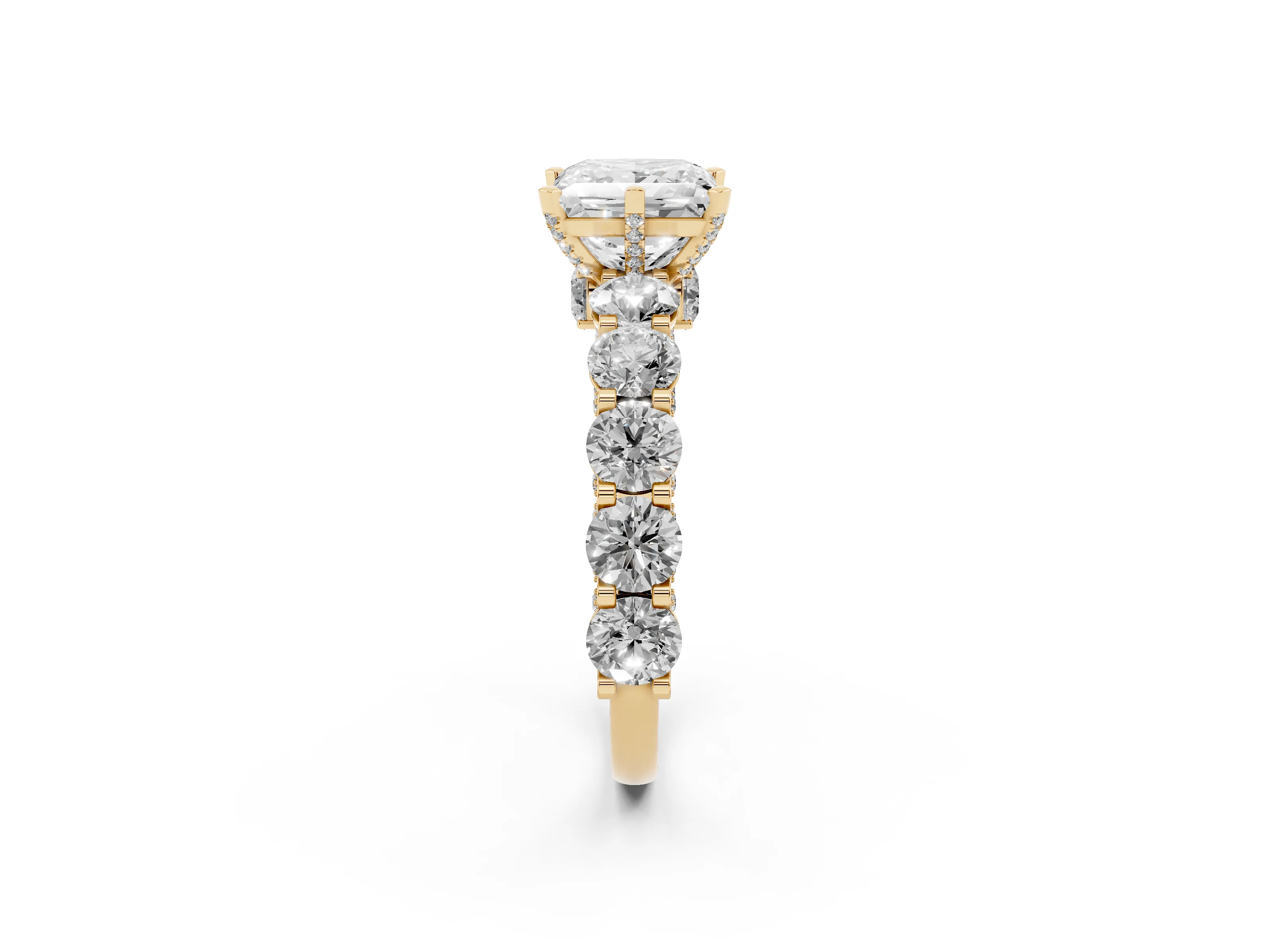 Princess Cut Diamond Side Stone Ring Set in Yellow gold with Alternating Round and Oval Side Stones
