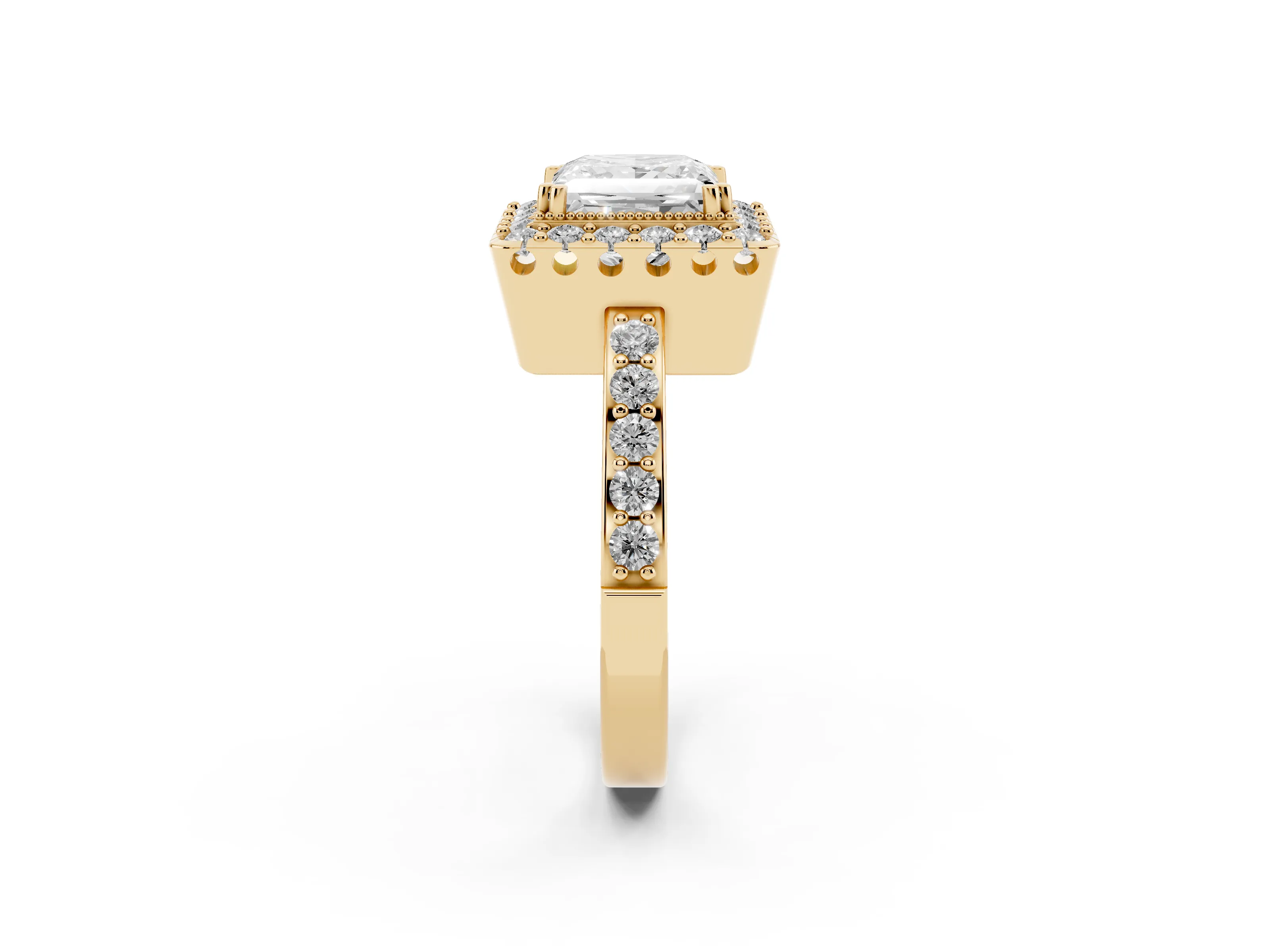 Princess Cut Diamond Halo Ring Set in Yellow gold with Pavé Shank and Prong Setting