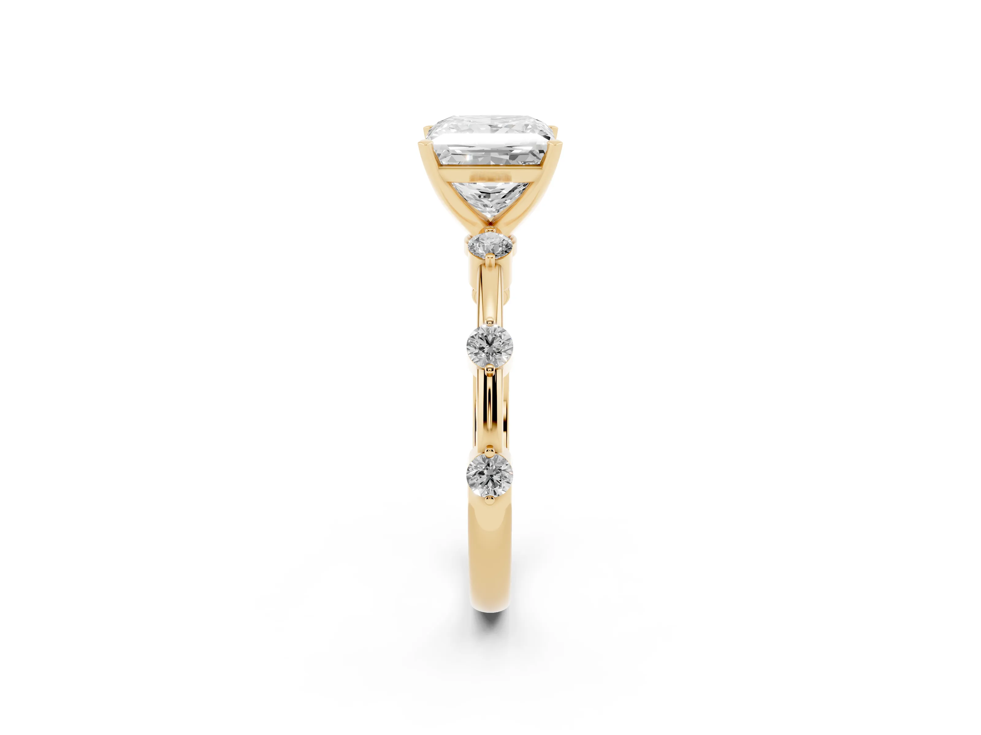Princess Cut Diamond Solitaire Ring Set in Yellow gold with Bezel Set Side Stones and Prong Setting