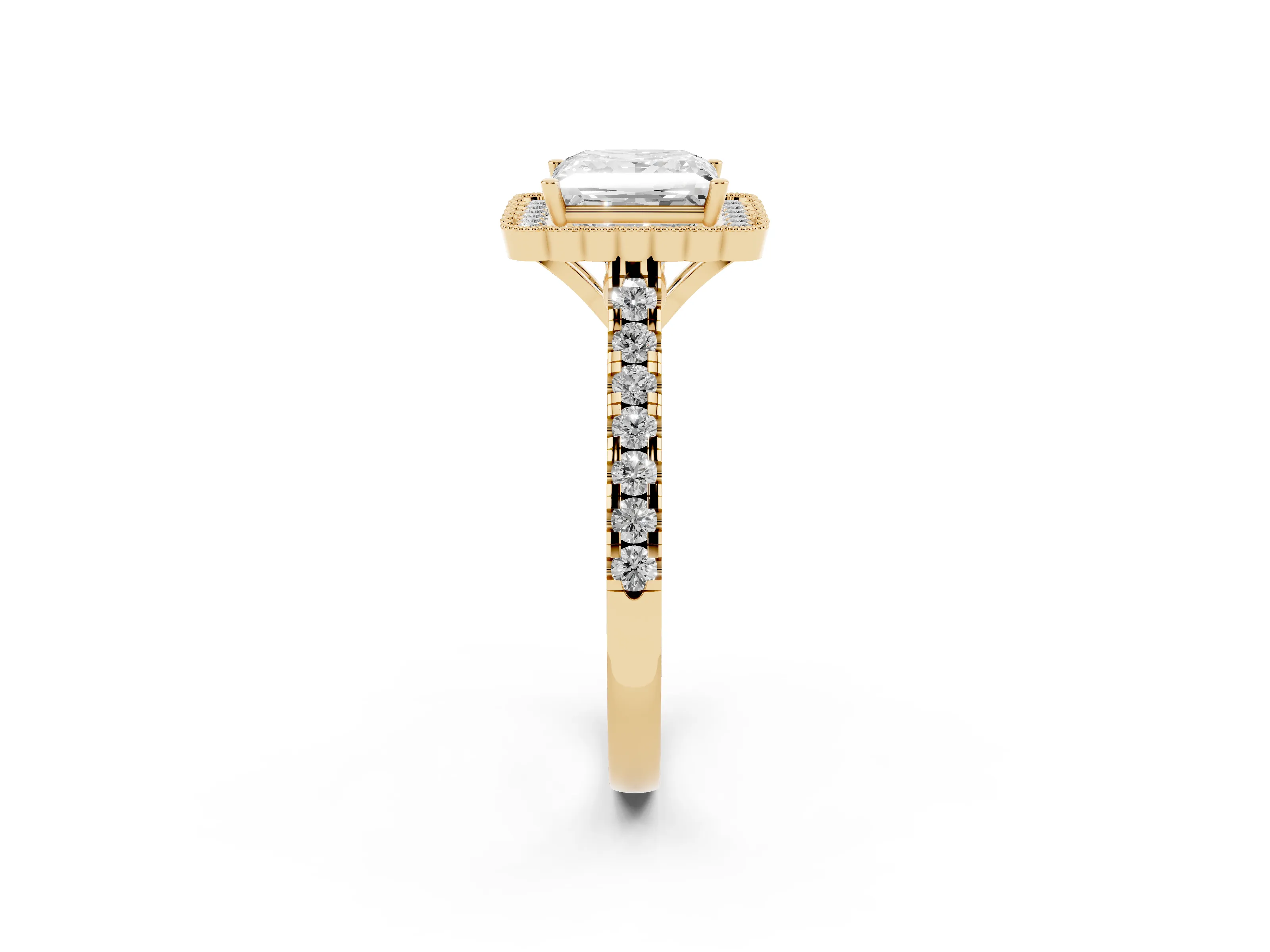 Princess Cut Diamond Milgrain Floral Halo Engagement Ring Set in Yellow gold with Pavé Band