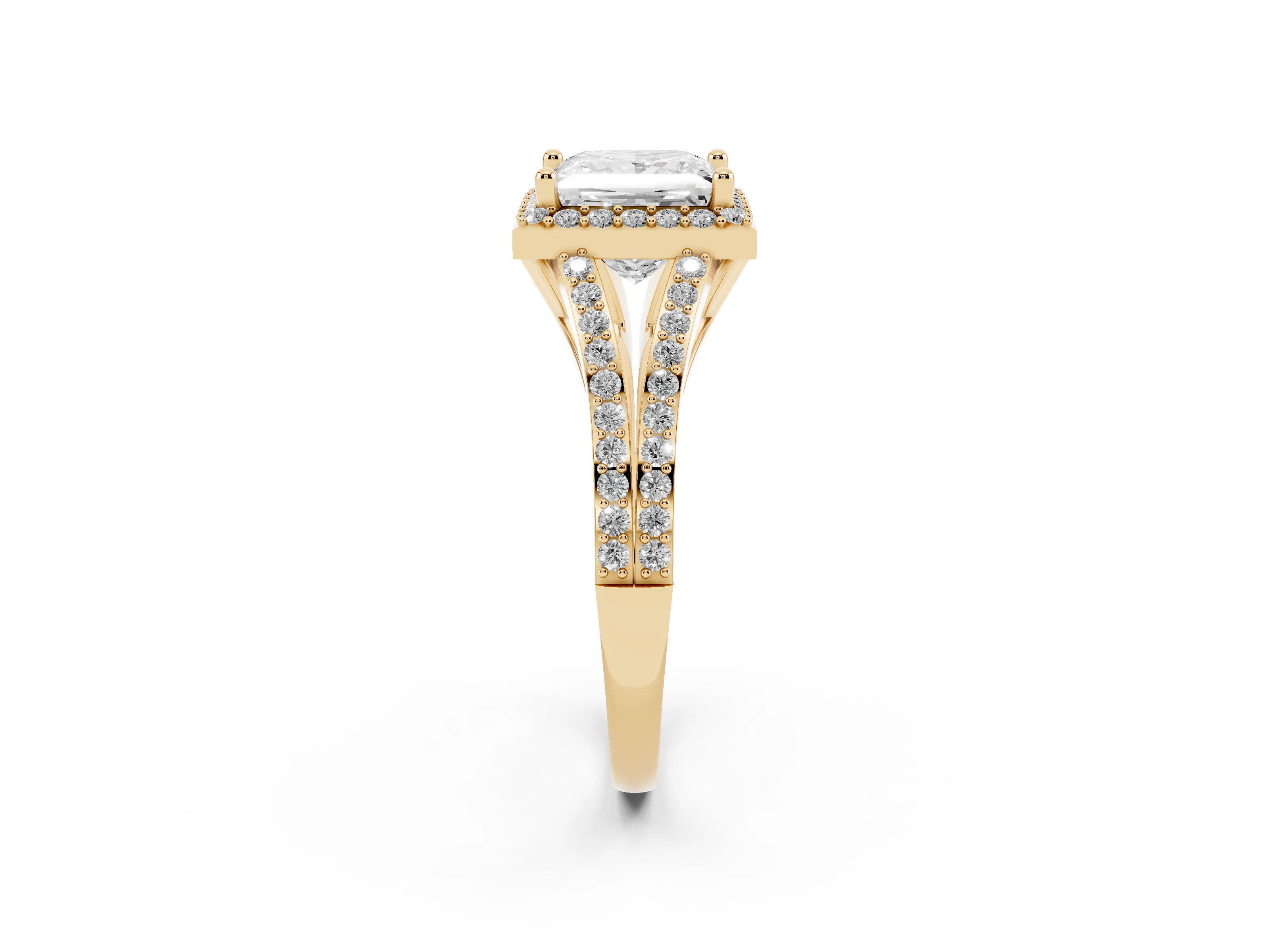 Princess Cut Diamond Halo Split Shank Pavé Ring Set in Yellow gold with Prong Setting