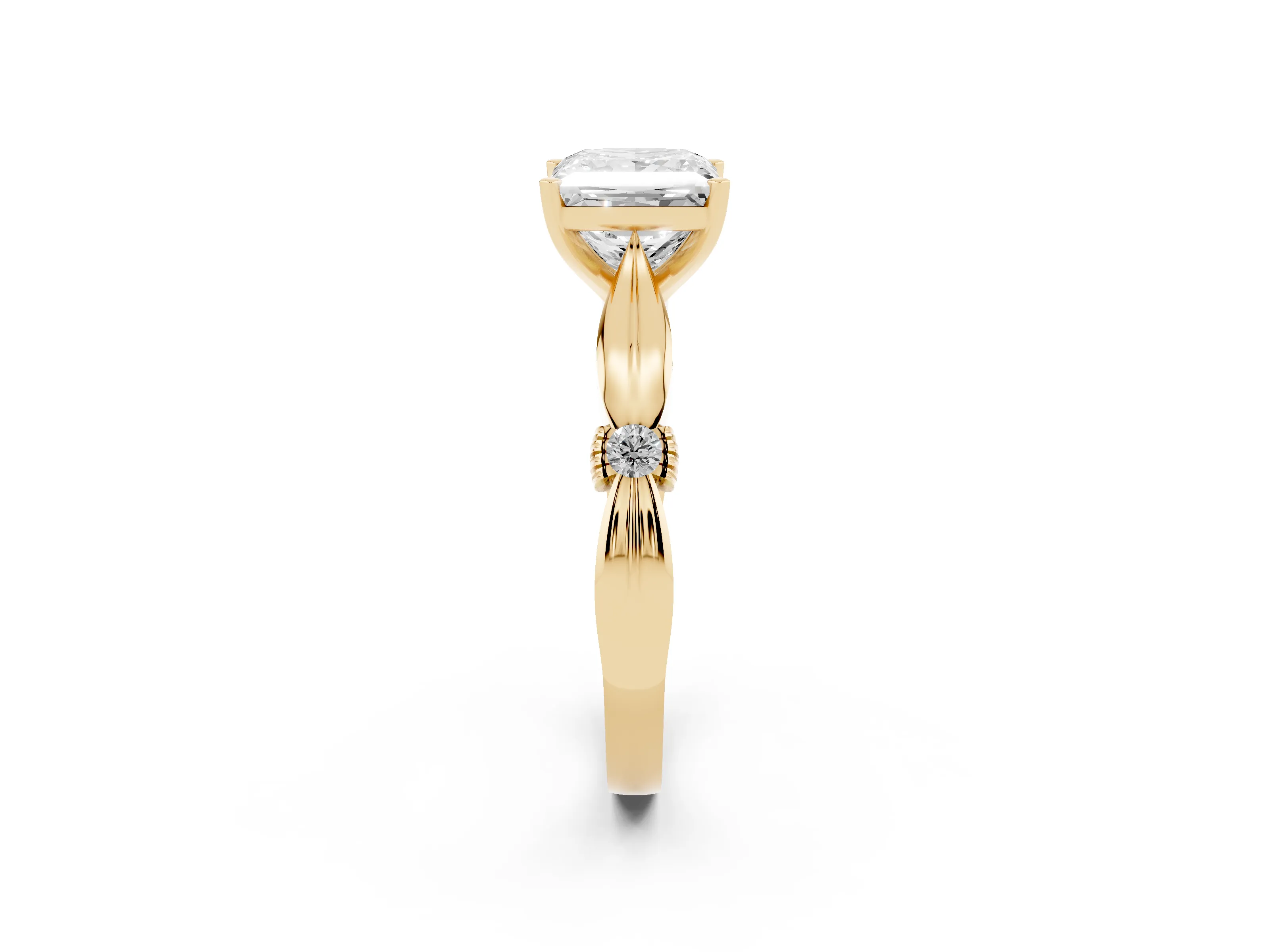 Princess Cut Diamond Solitaire Twisted Band Ring Set in Yellow gold with Accent Stones and Prong Setting