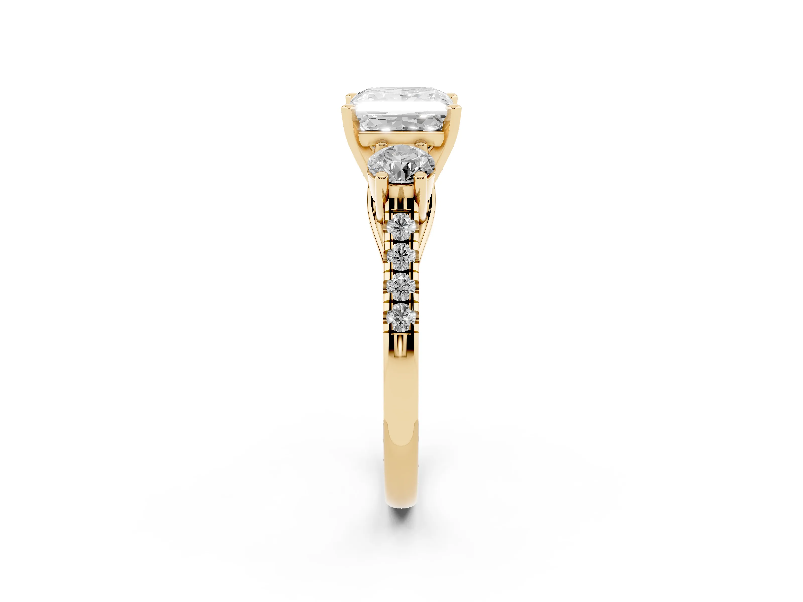 Three-Stone Princess Cut Diamond Pavé Band Ring Set in Yellow gold with Prong-Set Trio