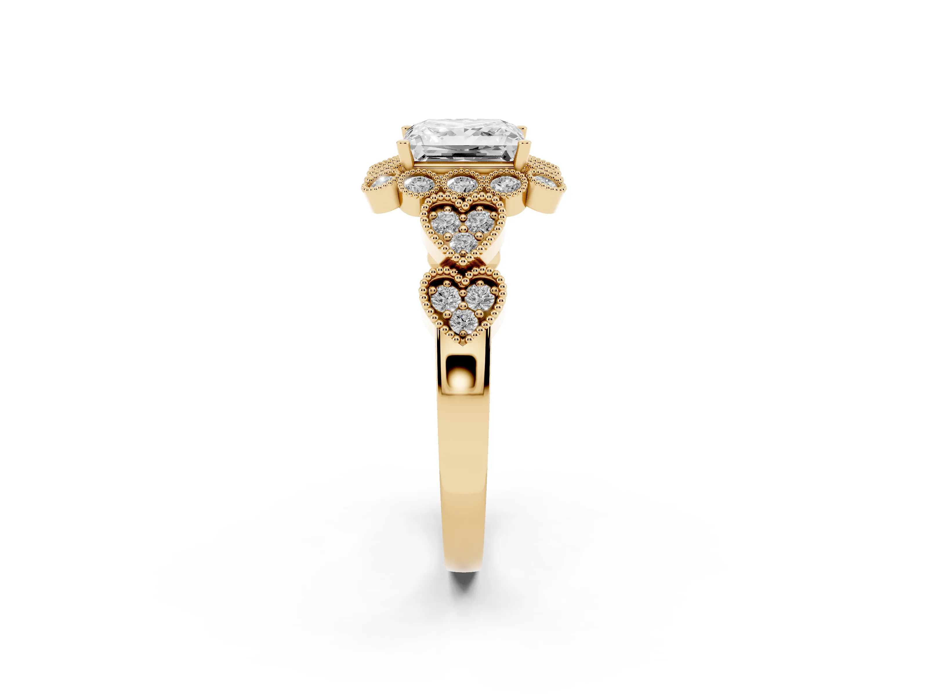 Princess Cut Diamond Solitaire Ring Set in Yellow gold with Milgrain Pavé Heart Band