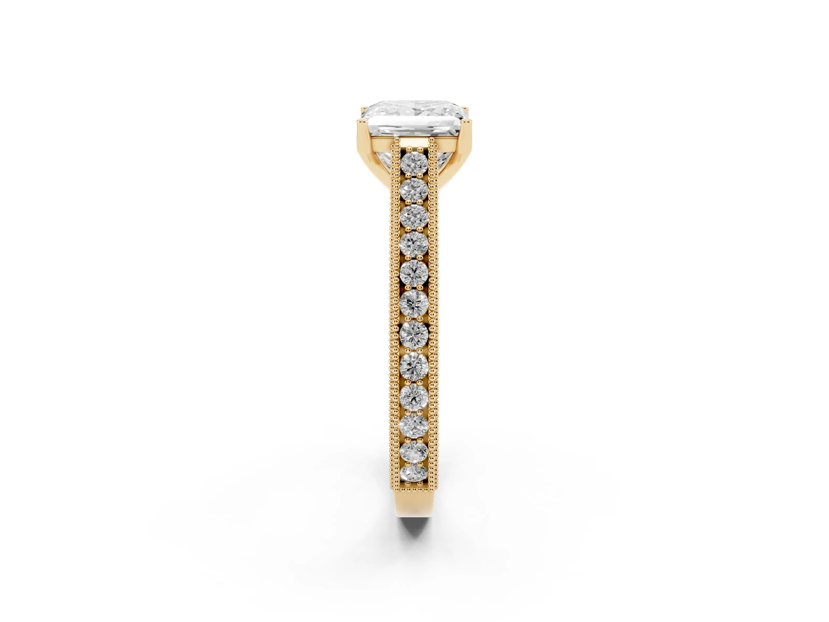 Princess Cut Diamond Milgrain Pavé Band Solitaire Ring Set in Yellow gold with Prong Setting