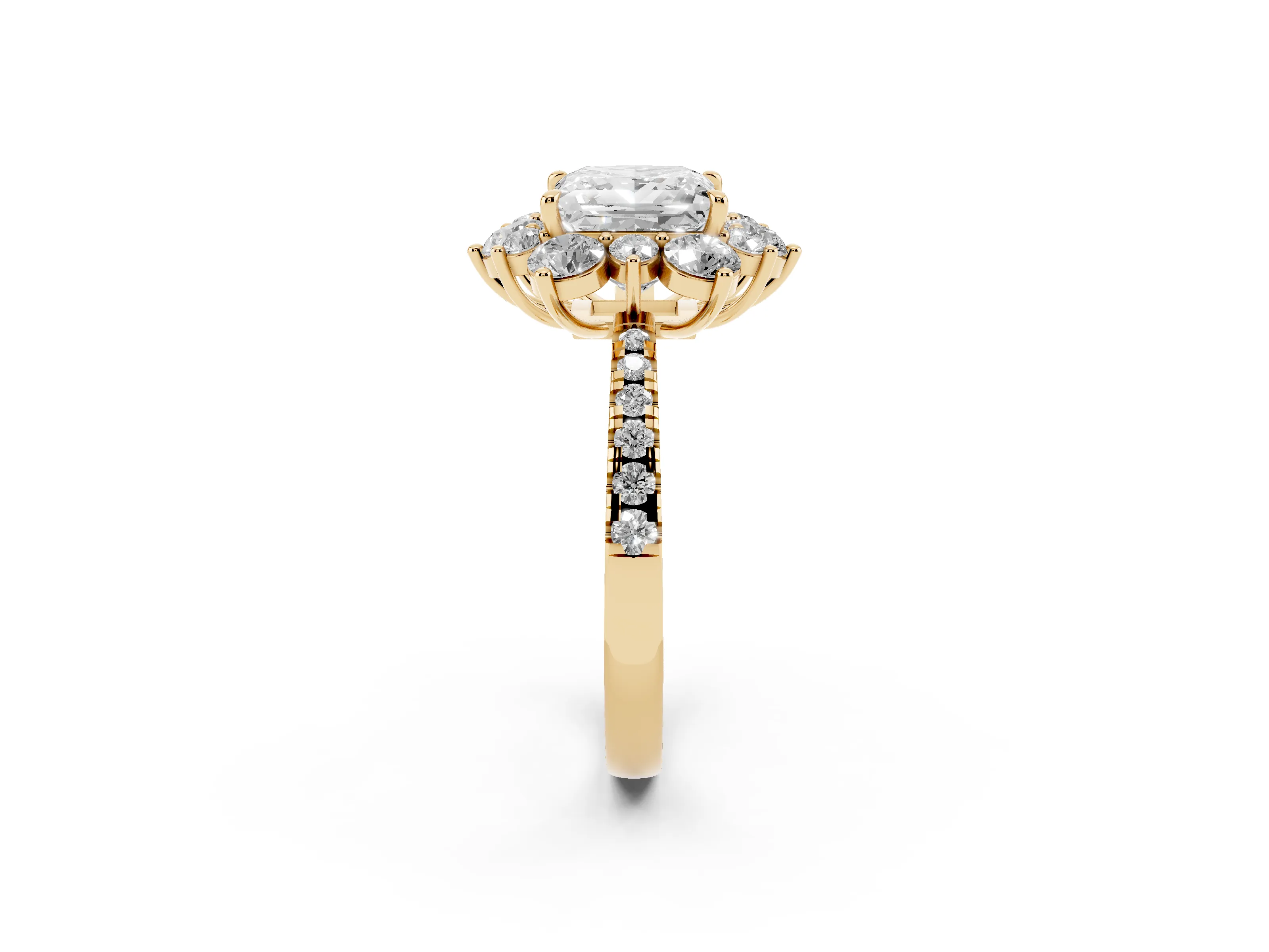 Princess Cut Diamond Floral Halo Ring Set in Yellow gold with Round Pavé Band and Prong Setting