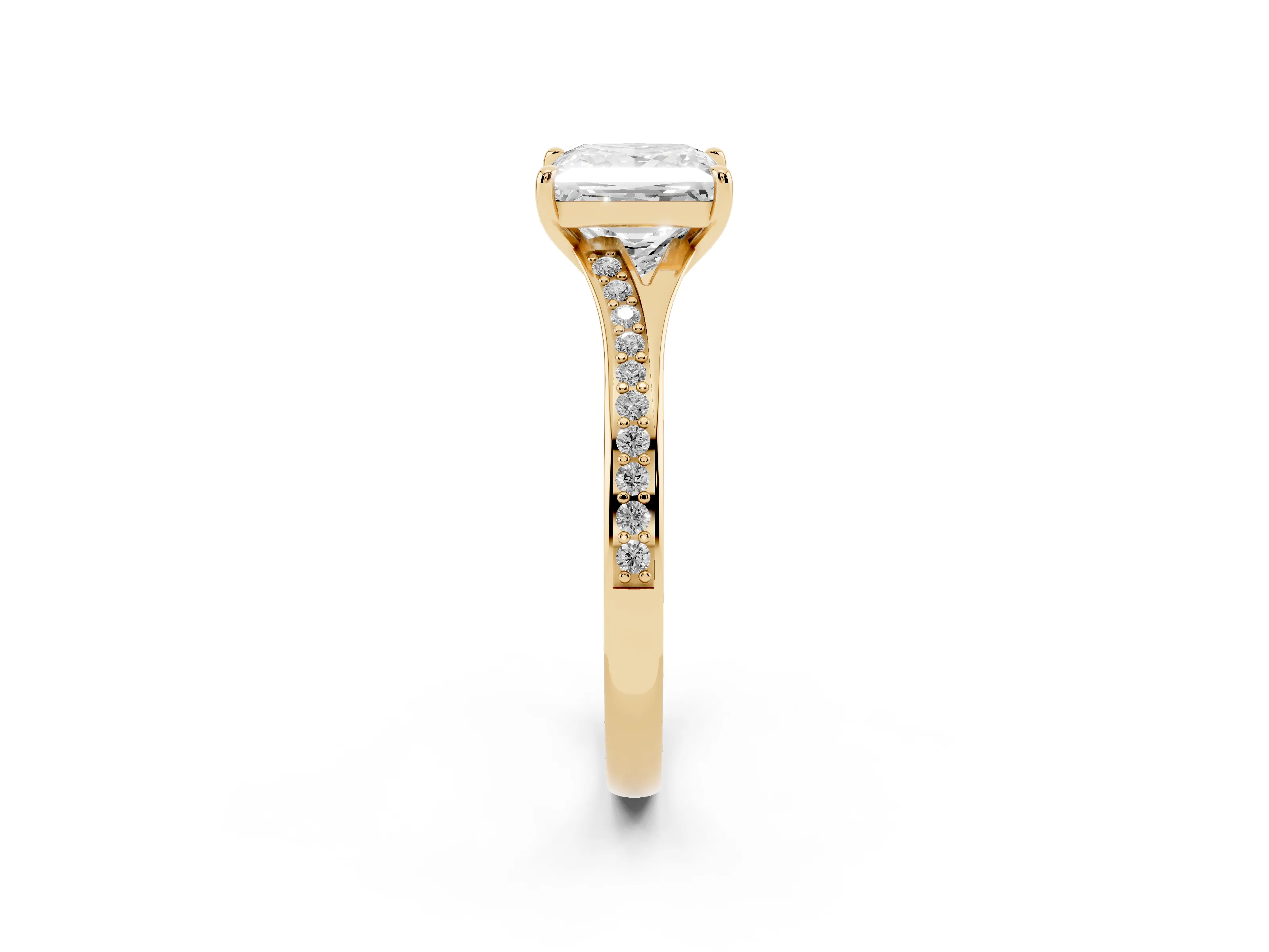 Princess Cut Diamond Solitaire Ring Set in Yellow gold with Pavé Accent Band and Classic Prong Setting