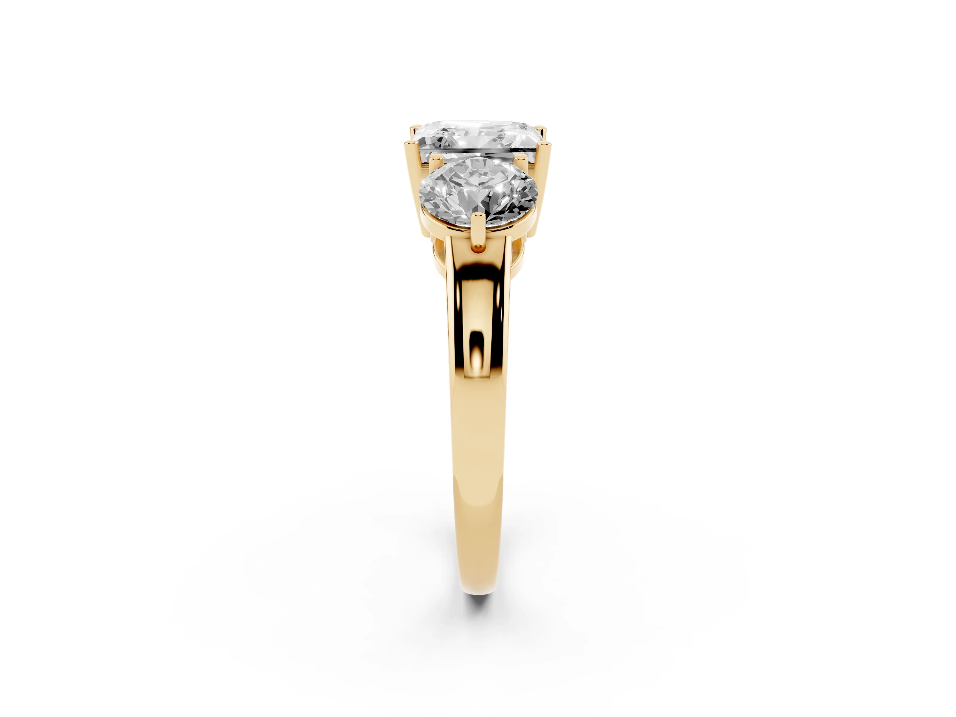 Princess Cut Diamond Three-Stone Ring Set in Yellow gold with Prong Setting and Plain Band