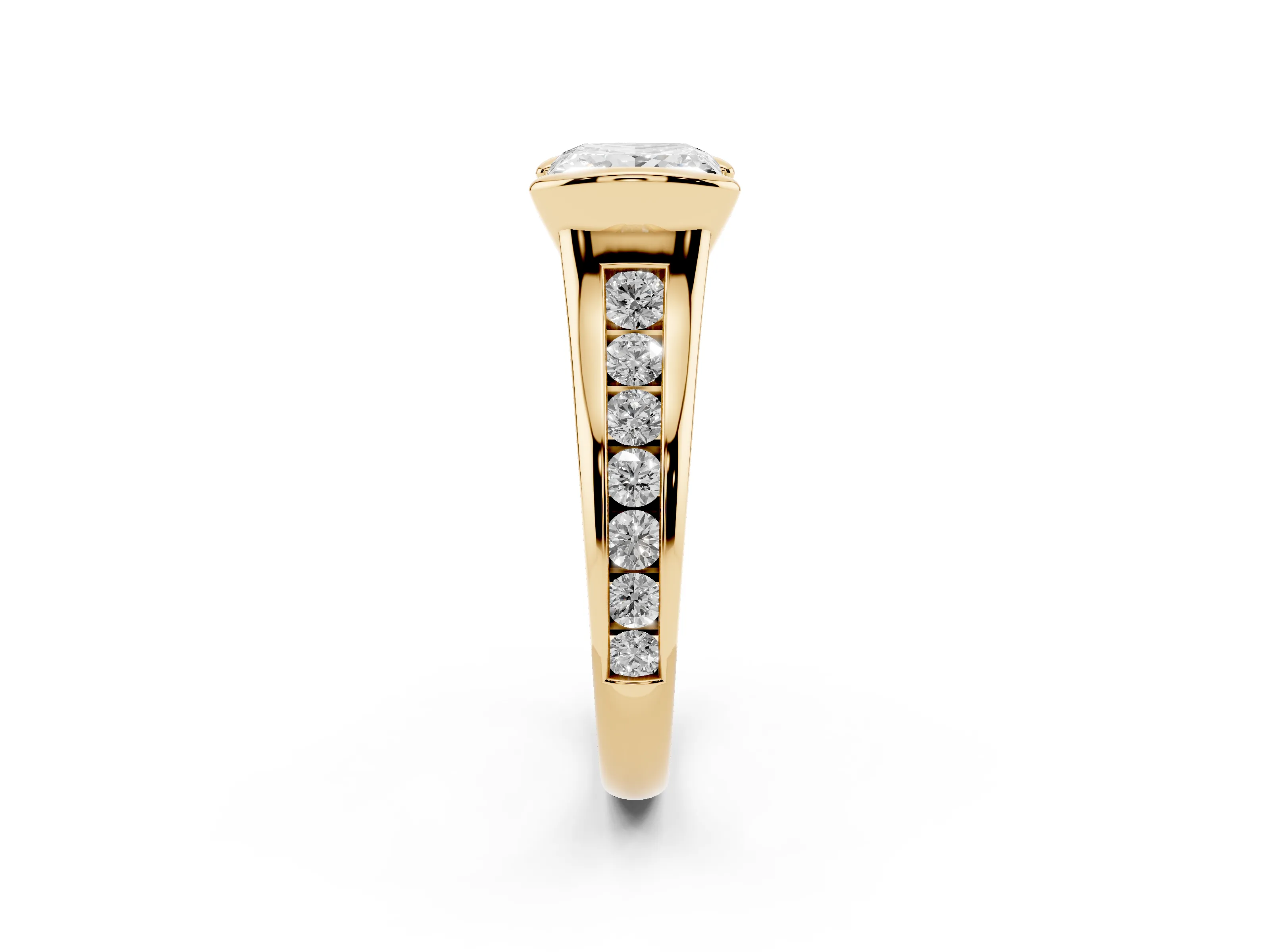 Princess Cut Diamond Bezel-Set Solitaire Ring Set in Yellow gold with Channel-Set Band