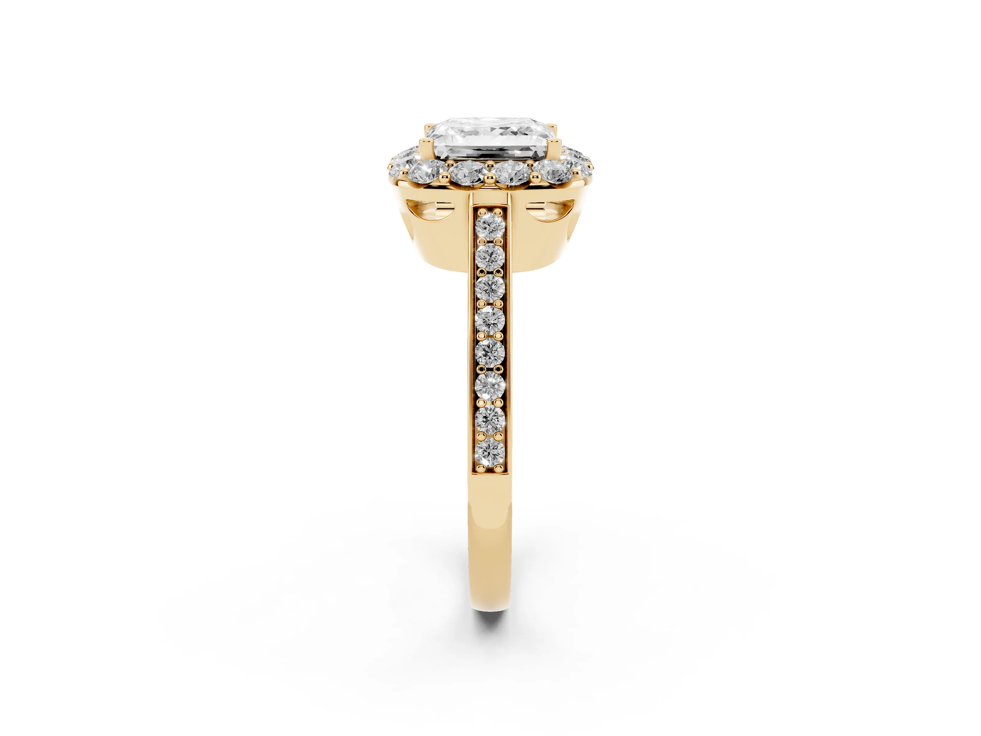 Princess Cut Diamond Floral Halo Ring Set in Yellow gold with Pavé Band and Prong Setting