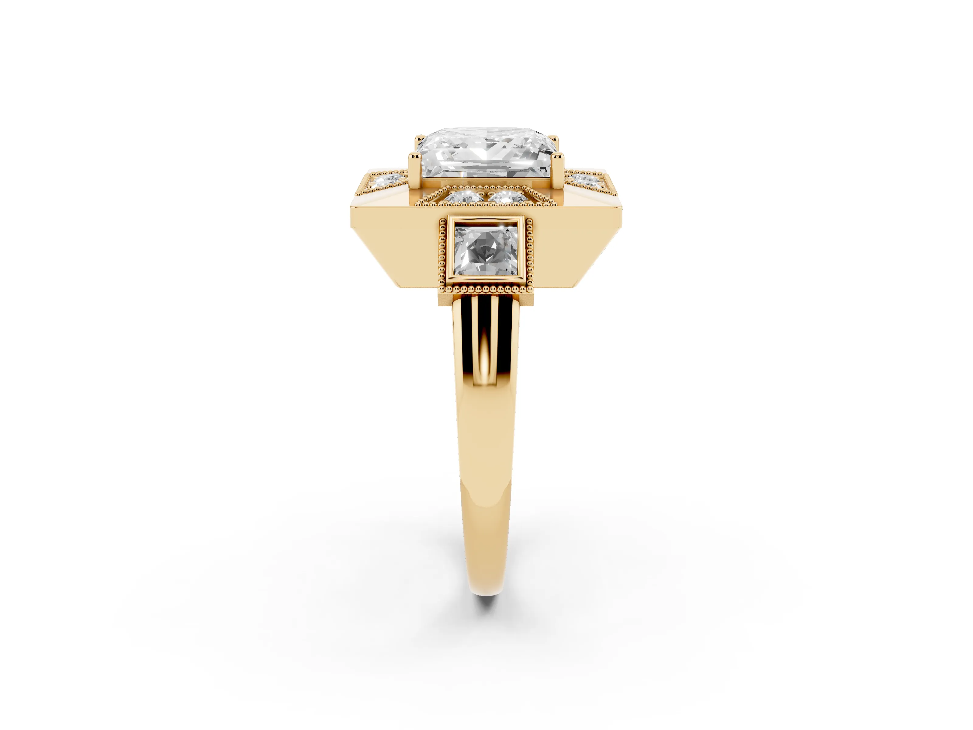 Princess Cut Diamond Milgrain Halo Ring Set in Yellow gold with Split Shank