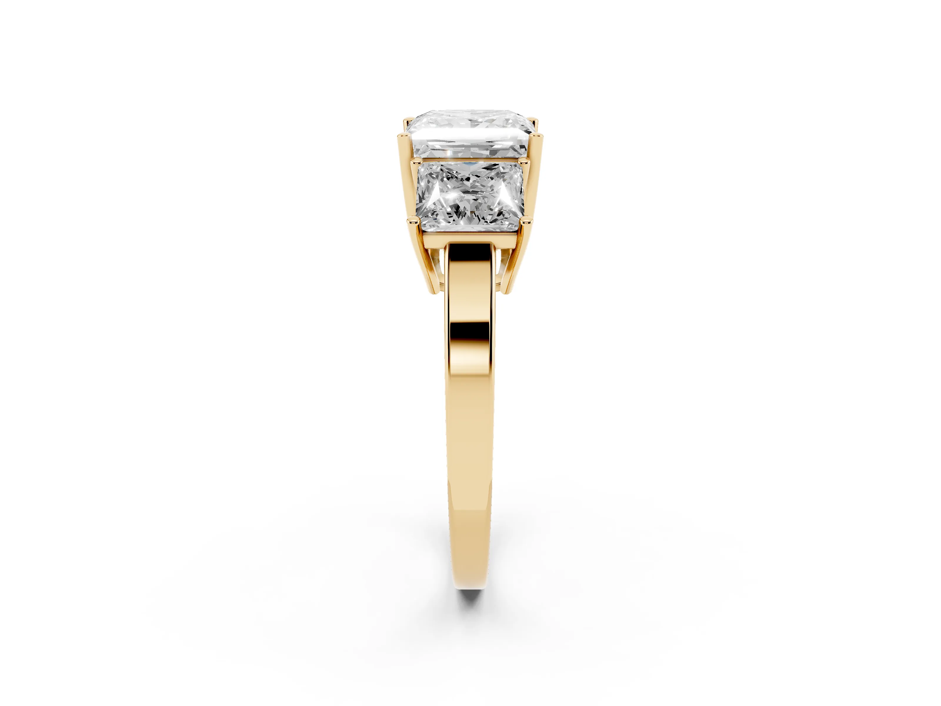 Princess Cut Diamond Three-Stone Engagement Ring Set in Yellow gold with Flat Band