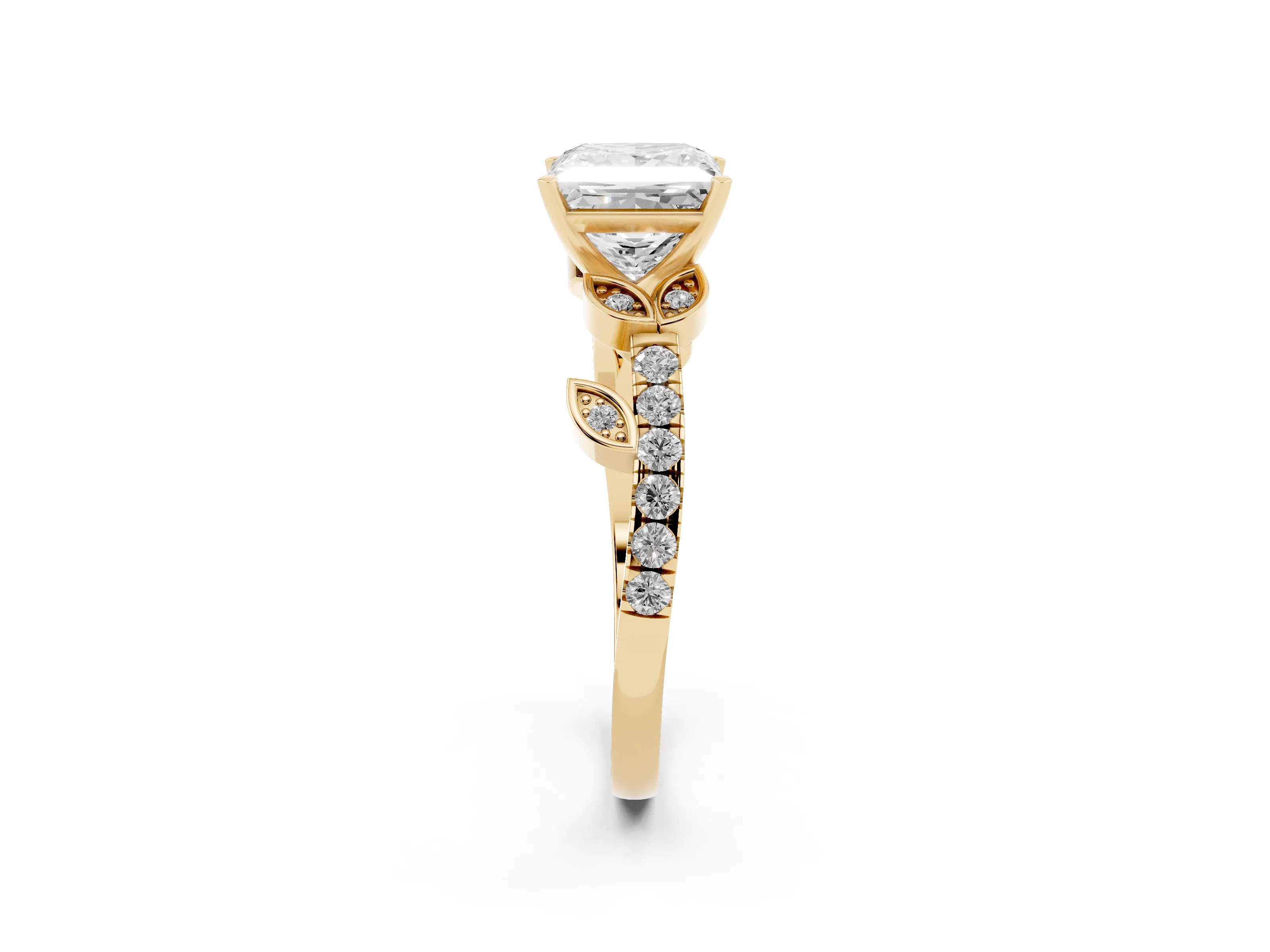 Princess Cut Diamond Solitaire Leaf-Inspired Ring Set in Yellow gold with Pavé Band and Prong Setting