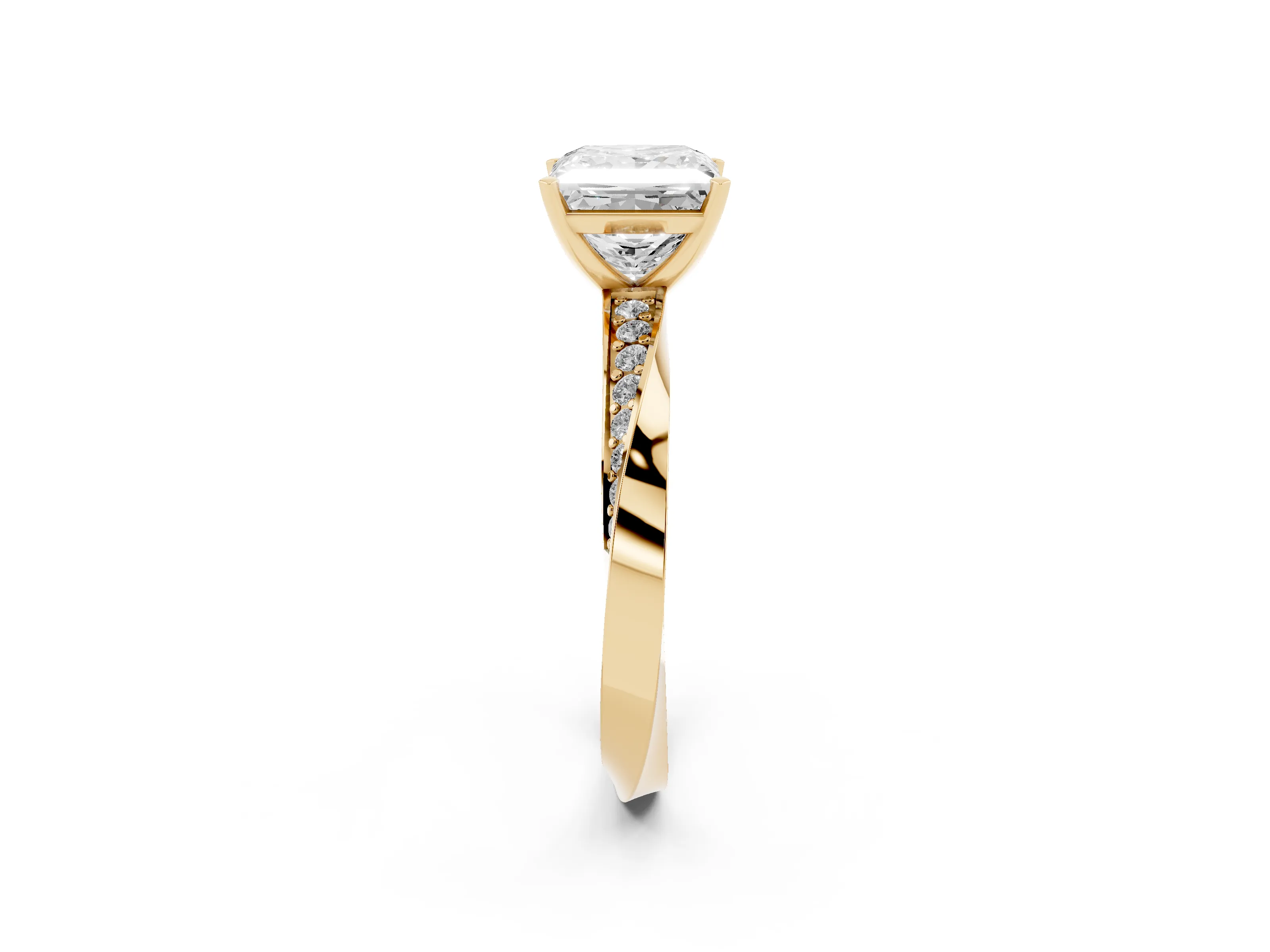 Princess Cut Diamond Engagement Ring Set in Yellow gold with Side Stone Accents and Prong Setting