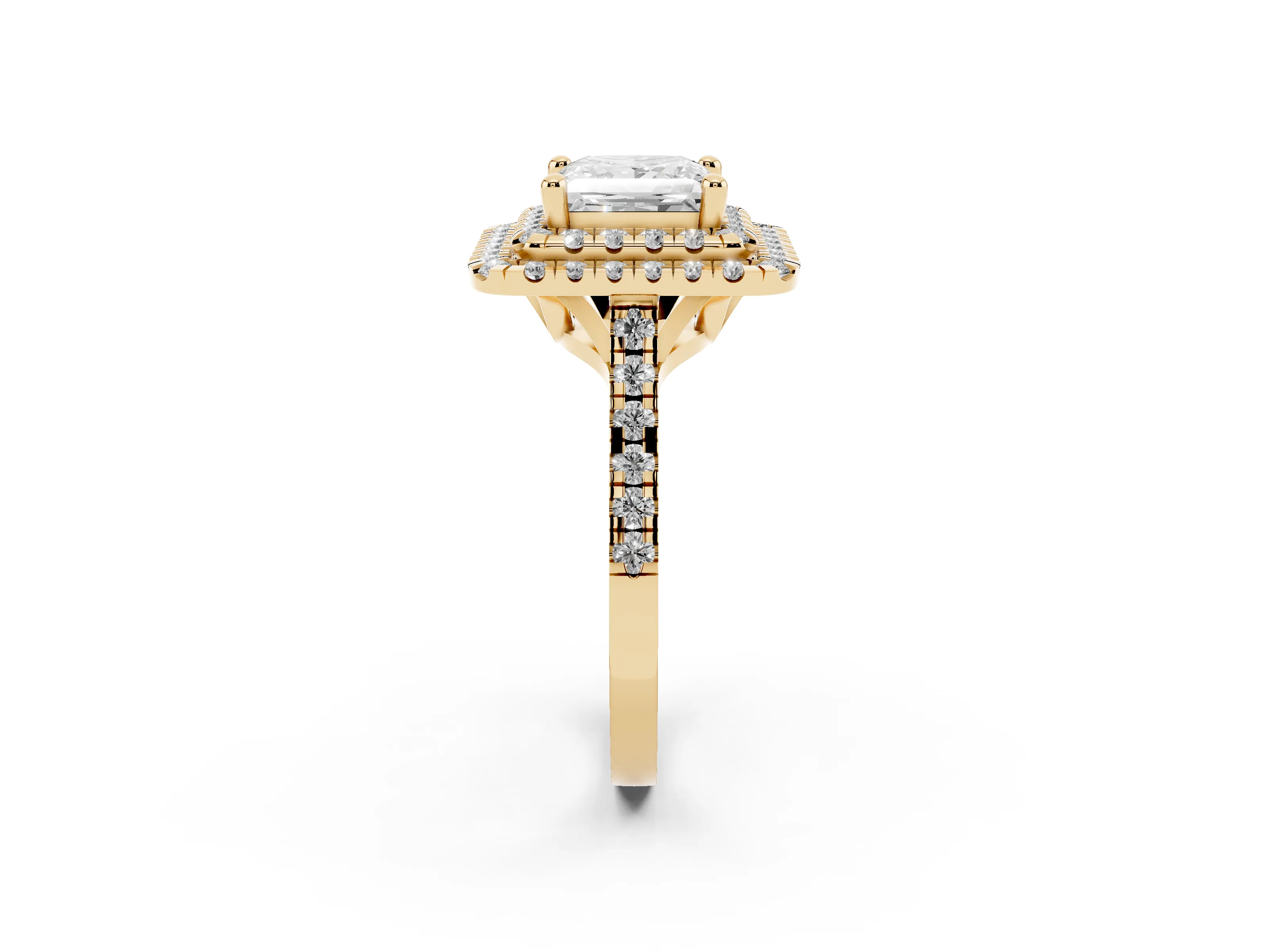 Princess Cut Diamond Double Halo Statement Ring Set in Yellow gold with Pavé Band