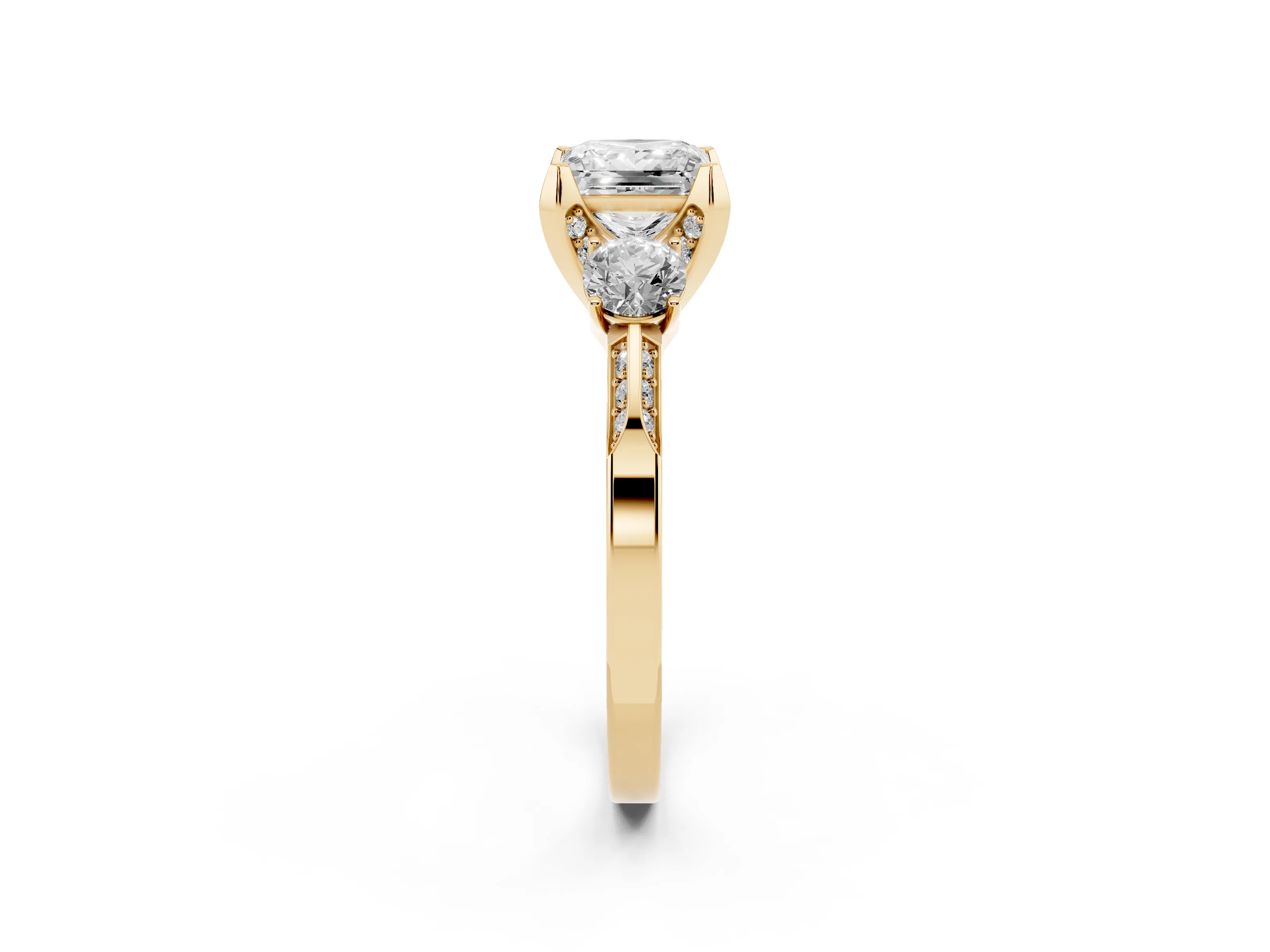 Princess Cut Diamond Three-Stone Ring Set in Yellow gold with Pavé Band and Smaller Side Stones
