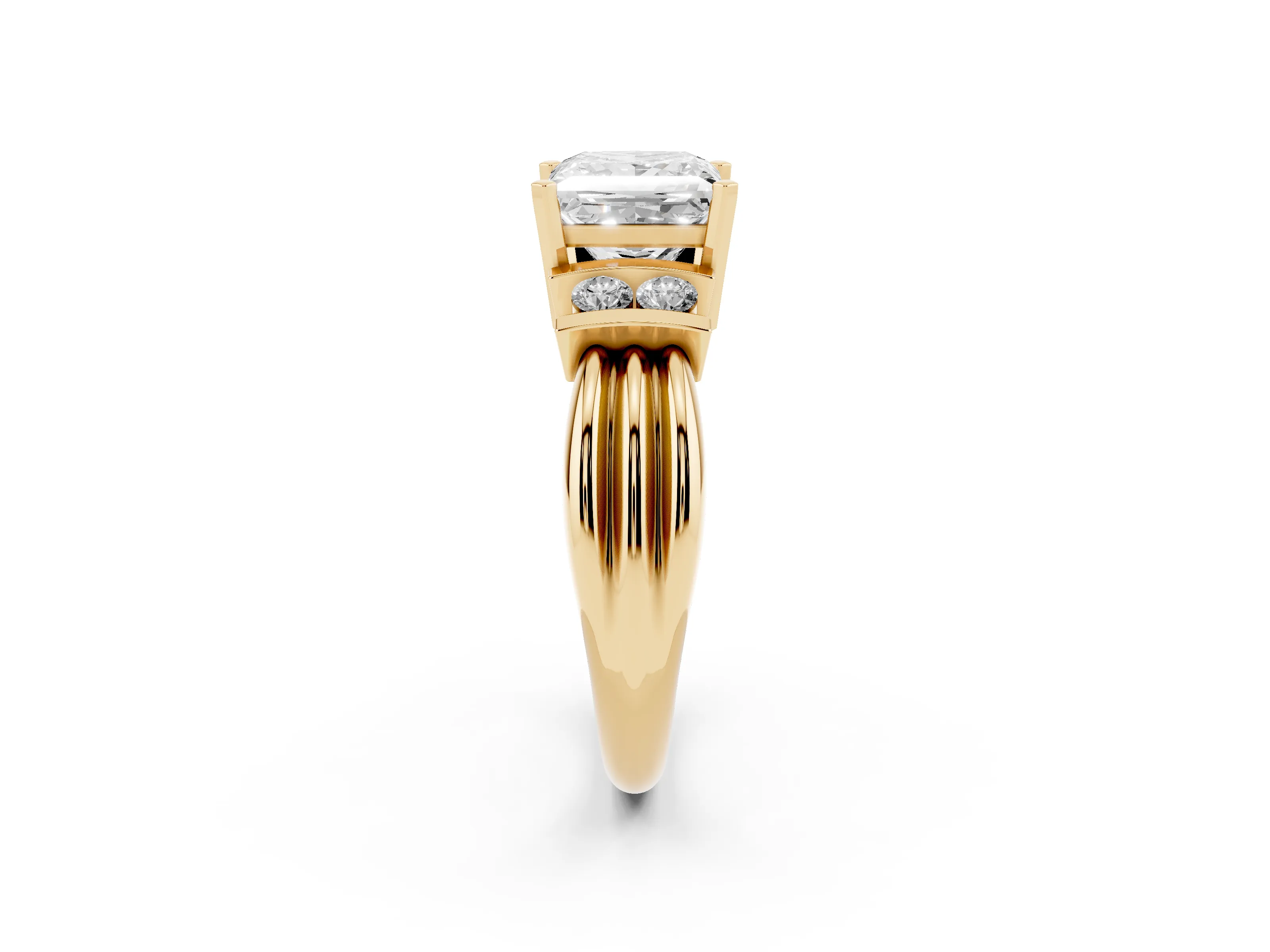Three-Stone Princess Cut Diamond Channel Set Ring Set in Yellow gold with Bar Prongs
