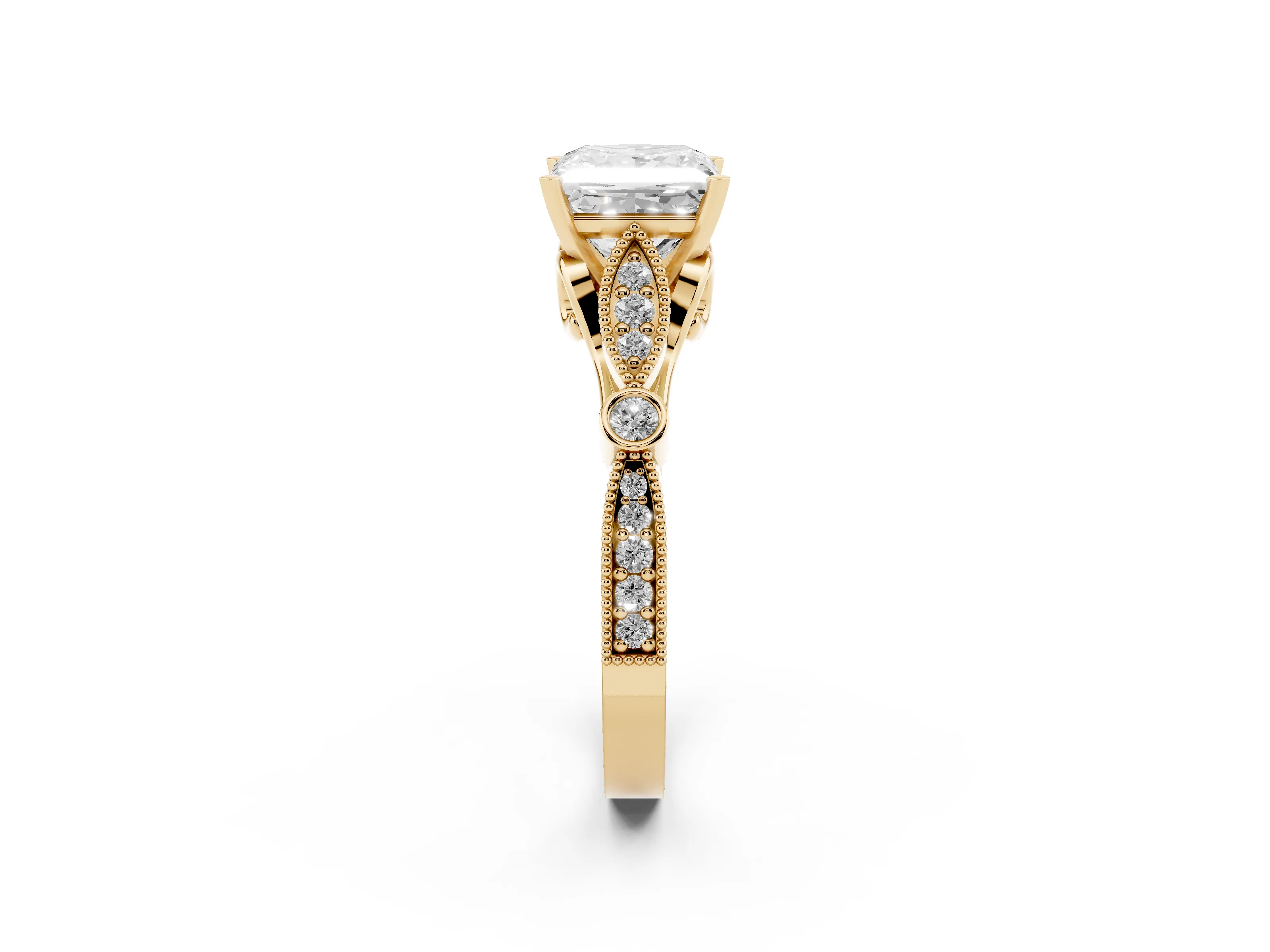 Princess Cut Diamond Solitaire Ring Set in Yellow gold with Milgrain Marquise and Bezel Accents